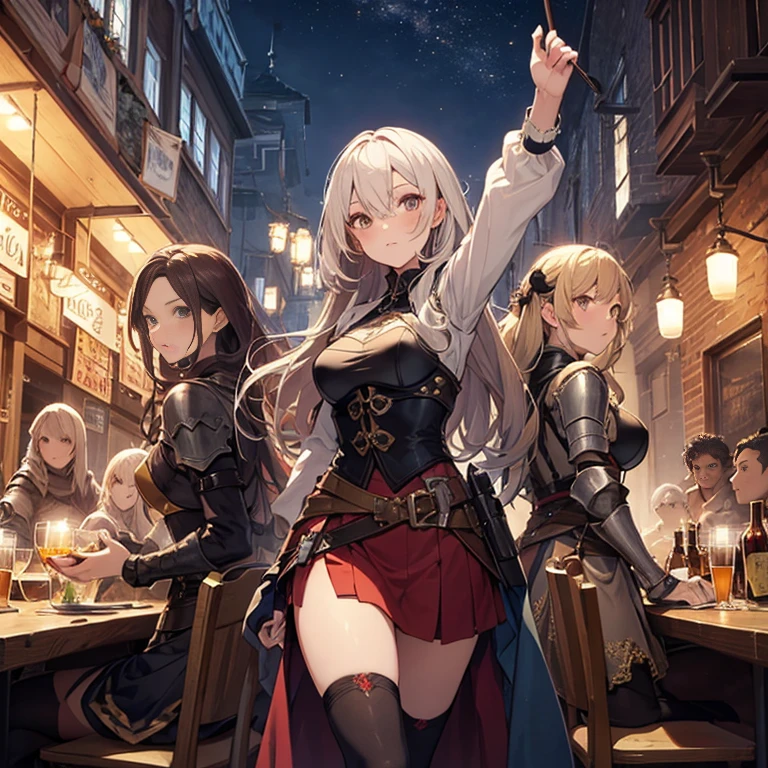 A group of female medieval fantasy adventurers, (in tavern), various hair styles, harem, night, details face, short skirt, seducing, long sleeve, armor, arms up