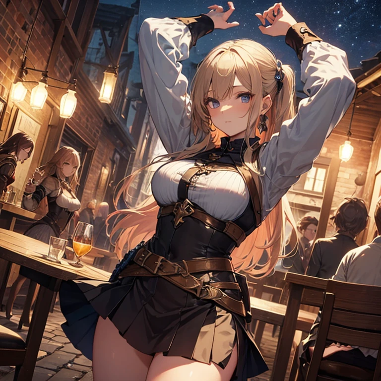 A group of female medieval fantasy adventurers, (in tavern), various hair styles, harem, night, details face, short skirt, seducing, long sleeve, armor, arms up