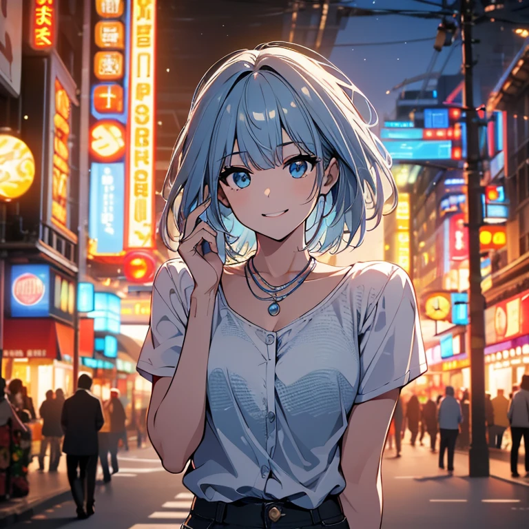 (8k, highest quality, masterpiece: 1.2), Super detailed, highest quality, Ultra-high resolution, Professional Lighting, Photon Mapping, Radio City, Physically Based Rendering, Cinema Lighting, Depth of written boundary, focus on, Light of the sun, Good composition, (Bokeh: 1.2), 1 girl, (whole body), smile, Aqua Eyes, Pause, narrow, Silver Hair, short hair, Pants style light blue, Waterfront,hand {refer tos} cute {refer to} hand,
