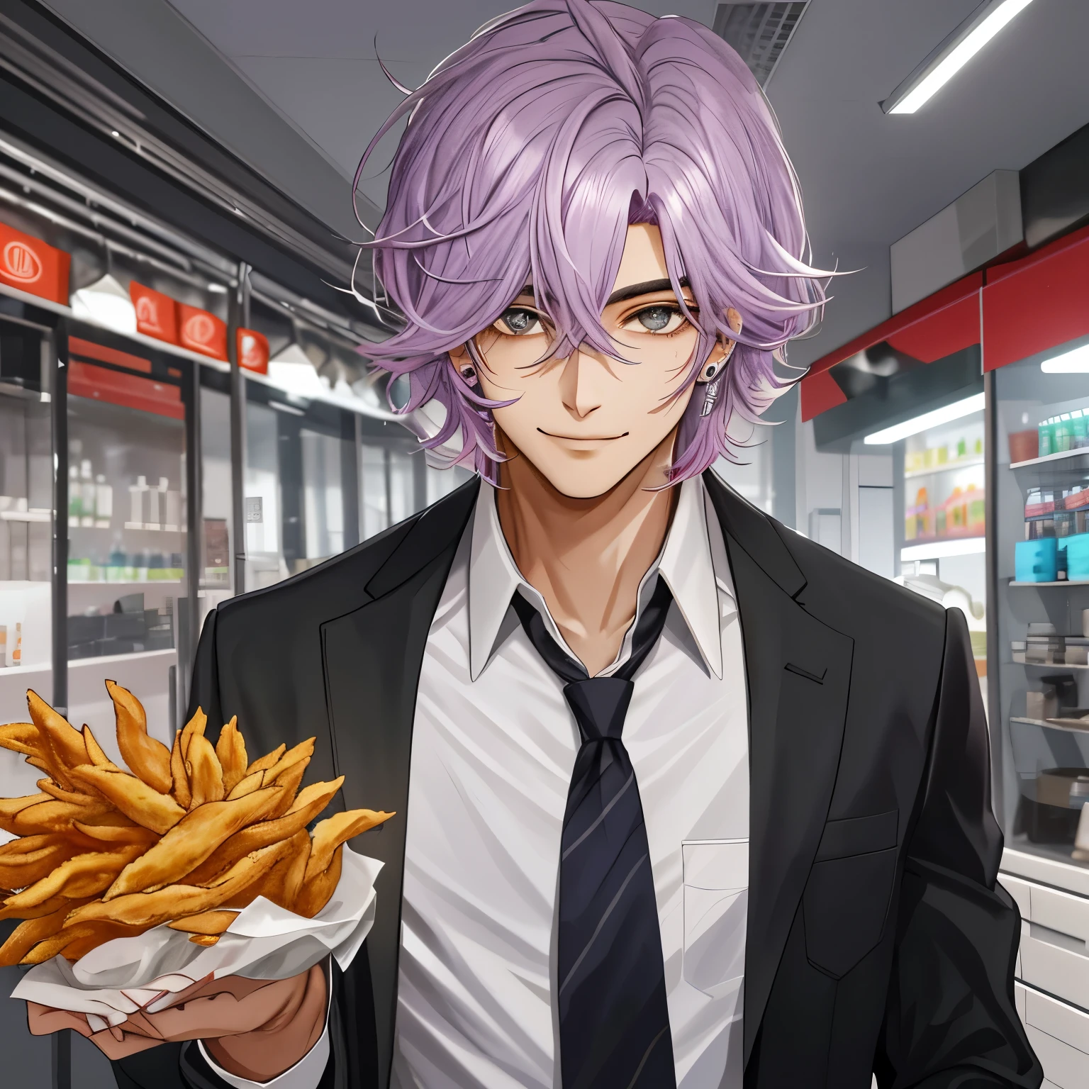 A man who is the CEO of a company that sells fried chicken. Sorriso maldoso, malvado, sorrindo mas com a sombrancelha franzida, cara de mau, arrogante, terno empresarial, homem adulto, jovem adulto, rosto limpo, lilac hair, olhos azuis escuros, segurando um balde de frango frito, dono da empresa de frango frito, hair combed back, lilac hair muito claro com gel, sorrindo de um jeito malvado, cabelo muito curto, cabelo ralo, hair combed back com gel, testa a mostra, terno com manga longa, segurando frango frito, terno preto, camisa preta, gravata preta