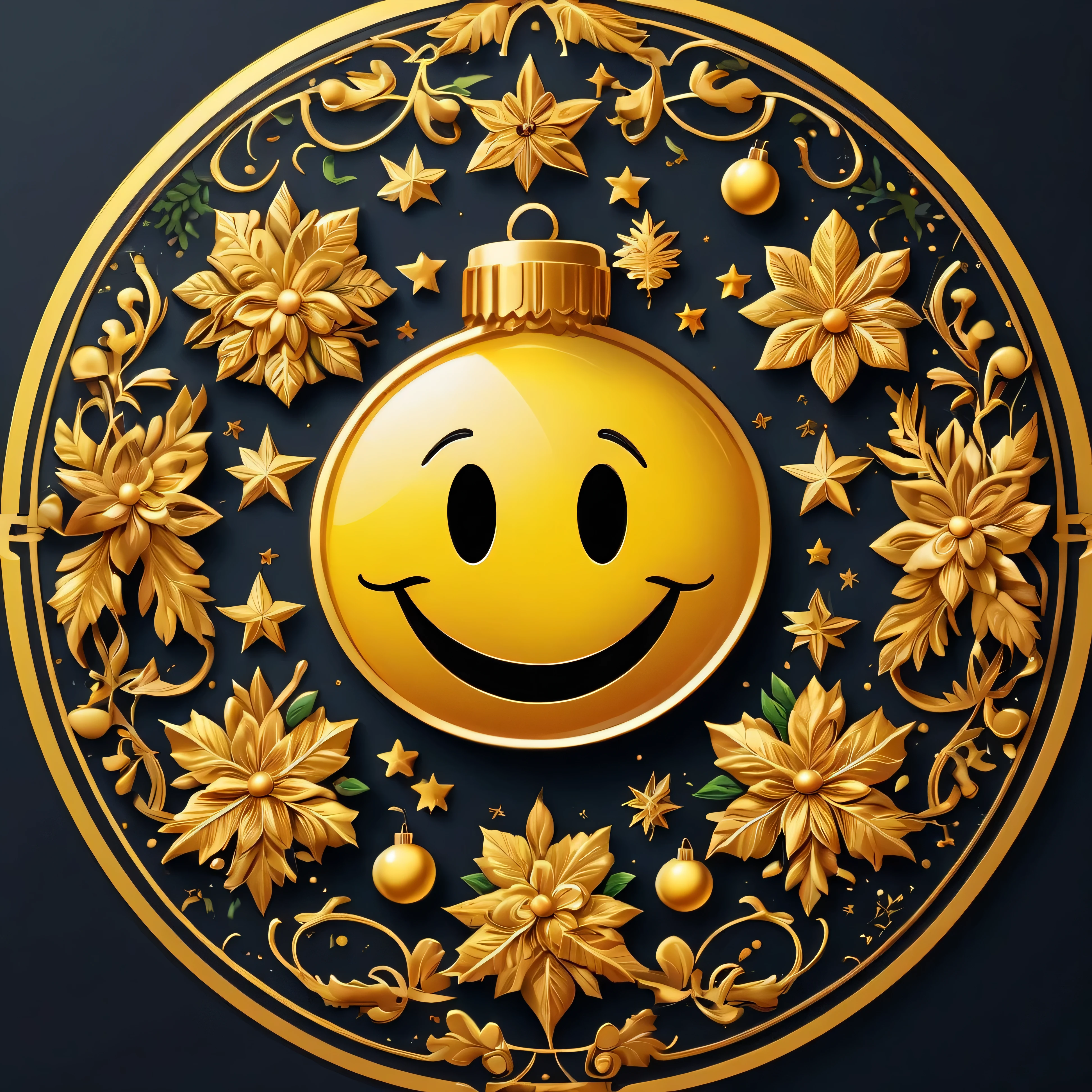 ellegance, There is also a touch of mystery.(In circlerown background), (Christmas border),, ultra - detailed, Detailed diagram, vectorized, 8K, Professional a sticker design, Graphic design, vector lines, a sticker, Full-HD The classic yellow smiley face pattern