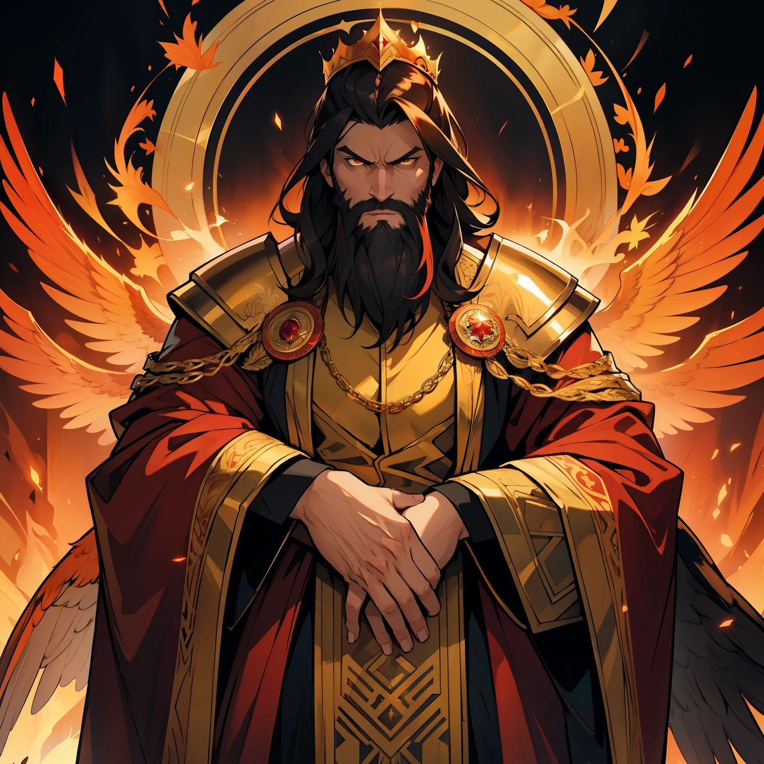 Phoenix , middle aged man, dark hair, magnificent full beard, large nose, glowing orange eyes, king, emperor, red regal robes, golden armor, large golden crown, phoenix wings, huge wings, stern expression