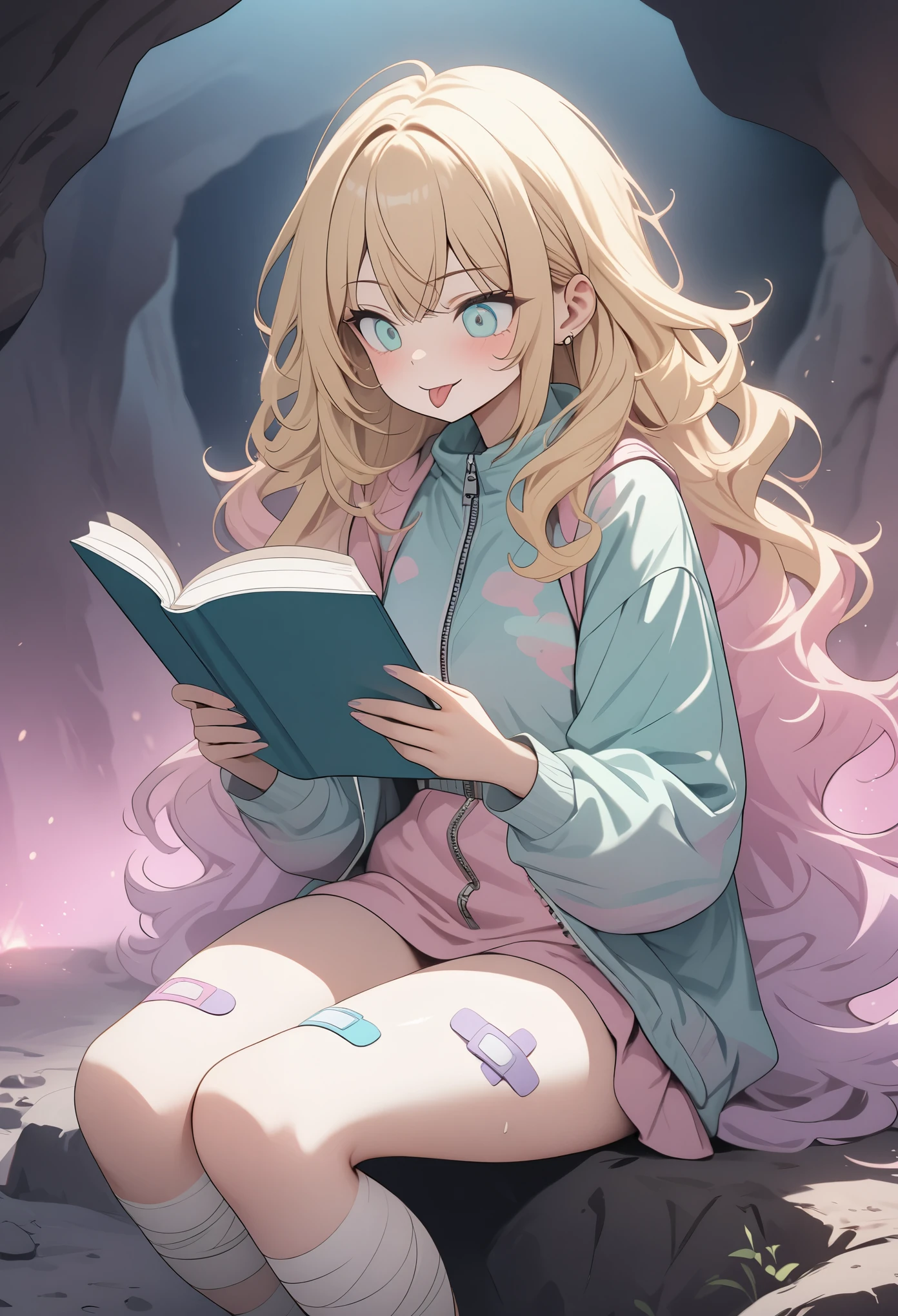 ((Masterpiece)), ((best quality)), (High Definition:1.3), (Professional Photography:1.2), 1girl, girl, (sitting), (frizzy hair), beautiful blonde hair, (very long bangs), Slender thighs, (sticking out tongue), (smug), (open mouth), Beautiful diamond eyes, (zip up), pale pink clothing, ((reading book)), lonely expression, (in The underground dirty cave), Massively bandaged body, (fansy band aid), band aid on legs, (mist effect:1.3), pastel colors, kawaii, cute colors,