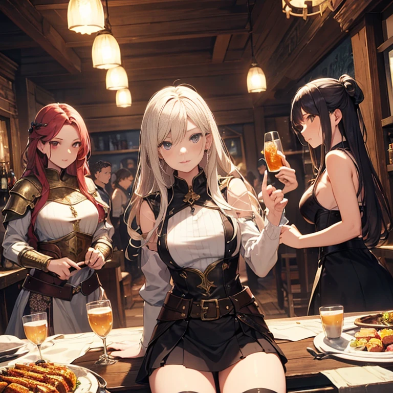 A group of  female medieval fantasy adventurers, (in tavern), various hair styles, harem, night, details face, short skirt, seducing, sleeveless, armor 
