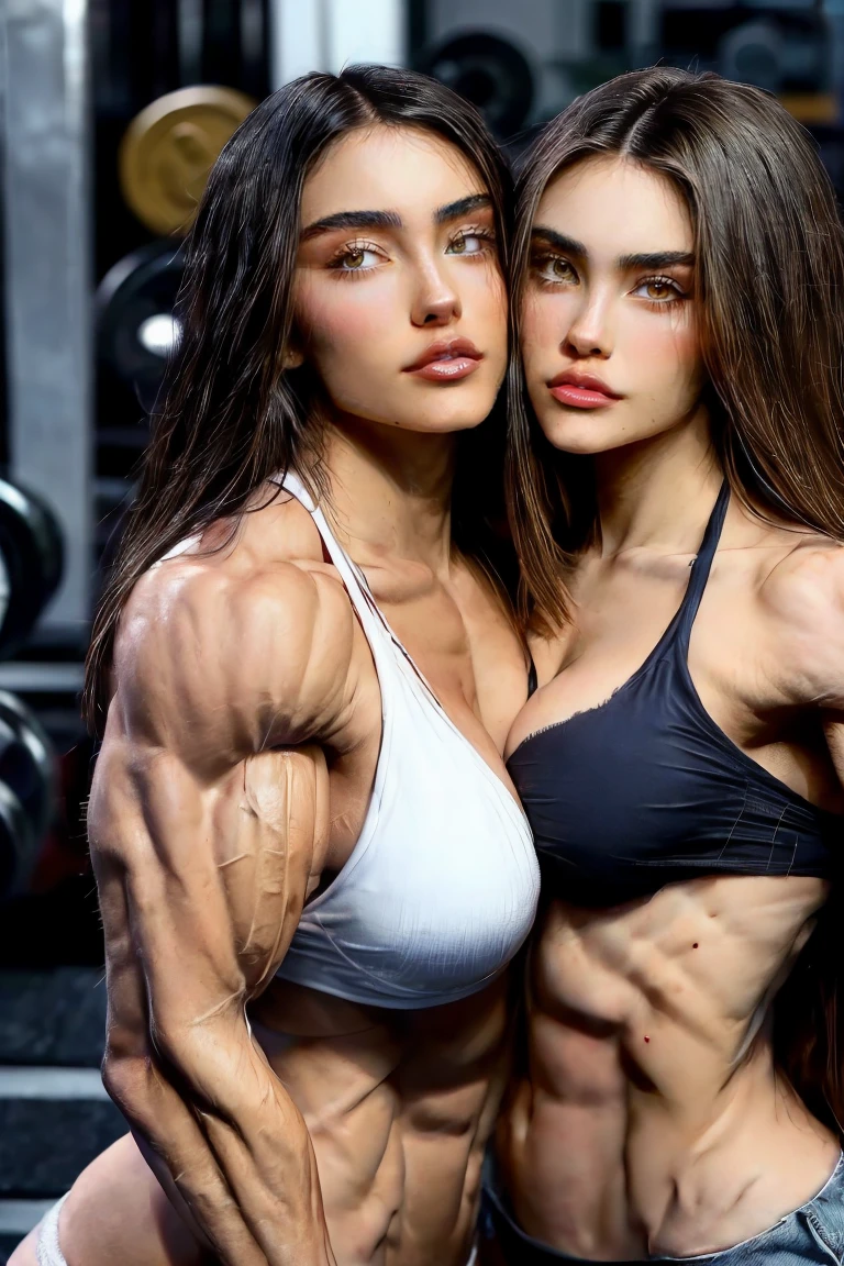 (2 girls body builders:1.6), ((masterpiece)), best quality, ultra-detailed:1.7, finely detail, high resolution:1.6, perfect dynamic composition, beautiful detailed faces:1.77, blonde babes:1.88, perfect red lipstick, perfect makeup:1.8, short denim bikini , large breasts:1.4, lovely look:1.7, gorgeous face:1.6, defined muscles:1.4, beautiful faces:1.8, alessandra ambrossio, izabel goulart, Kate Upton, Gigi Hadid, candice swanpoel ,popped out dense veins on muscles:1.8, hyper detailed picture:1.4, 8k resolution: 1.7, flex muscles:1.3, hyper muscular body shape:1.42, photorealistic:1.5, realistic:1.6, face masterpiece:1.74, good and professional lighting on picture:1.38, Italian-Moroccan muscle beauty goddess, masterpiece 24 years old Kylie Jenner and Ariana Grande as bodybuilders, extremely high resolution, hyper feminine beauty , hyper realistic texture, hyper muscularity, hyper vascularity, ass of titanium, muscles of steel, ripped body shape, ripped sexy ass with bikini, muscular ass , topless, kissing, good face details, hyper face detailing, doing sex, super romantic moment, hyper romantic, romantic kiss, nude females, perfect symmetrical face, sexy french kiss with tongues, serious muscle posing, serious female bodybuilders, super muscular breasts, perfect exaggerated feminine physique