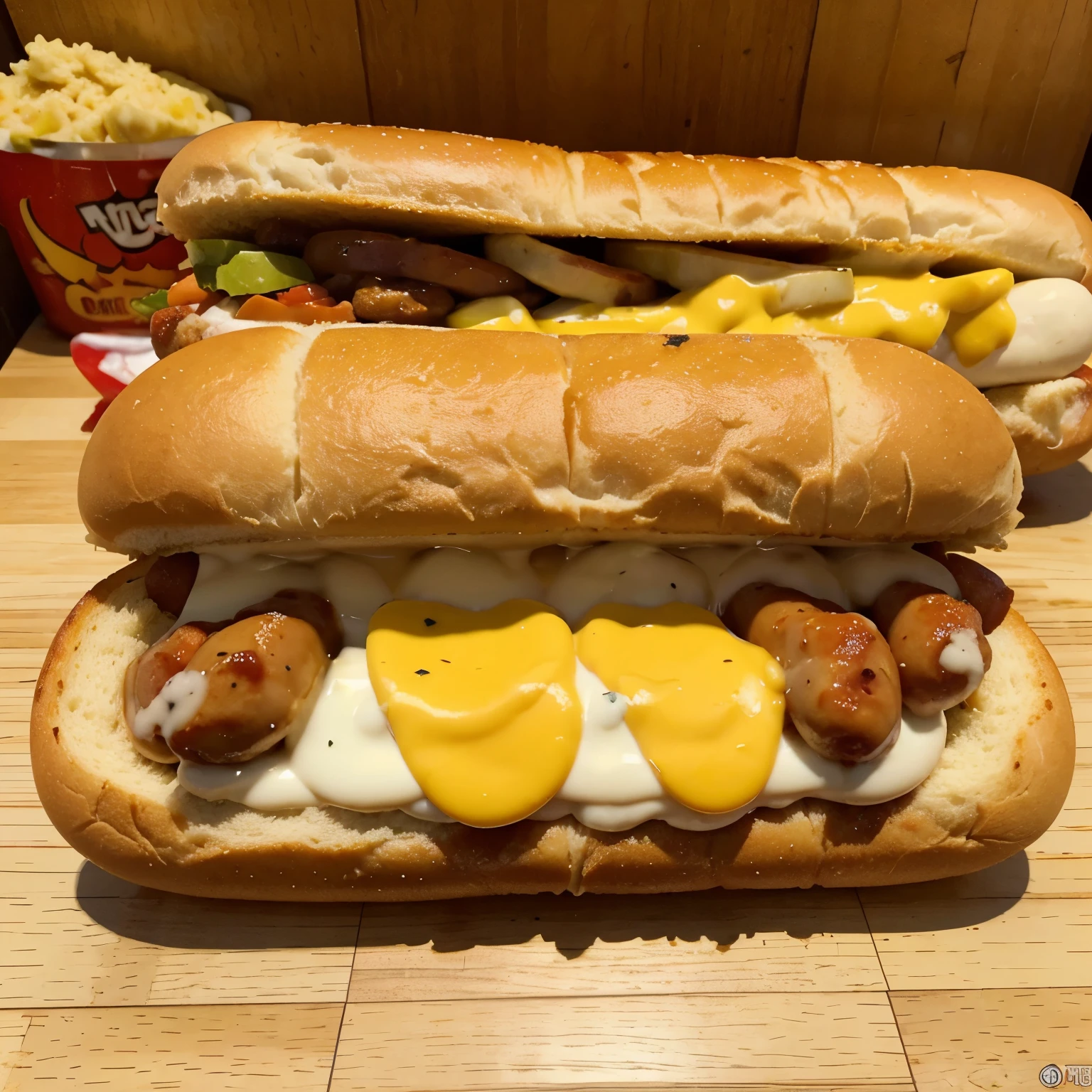 Imagen de un hot dog que tenga como toppings sabritas flamming hot, katsup, mostaza, queso derretido, cebolla, jitomate, tocino, y a lado del hpy dog papas a la francesa y q tenga un logo que contega el nombre de dogitoz