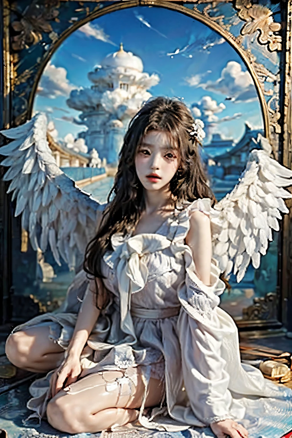 ((best quality)), ((masterpiece)), (detailed), perfect face, Masterpiece, 8K, (매우 detailed 얼굴 표현), angel girl flying in the sky, korean beauty, Detailed wing expression, Plump clouds, white clouds in the sky, temple of heaven, (Whole_body), (full body),