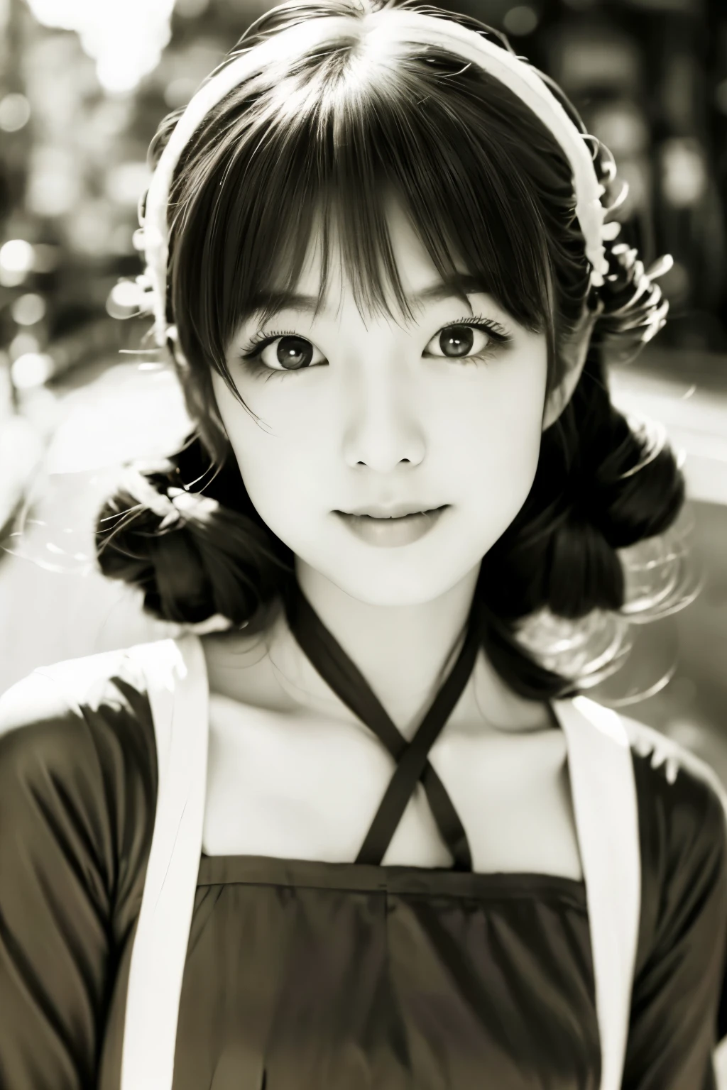 Skinny Japanese 40s woman in a costume of 1960s, cute face, detailed face, detailed eyes, a sepia-toned photo
