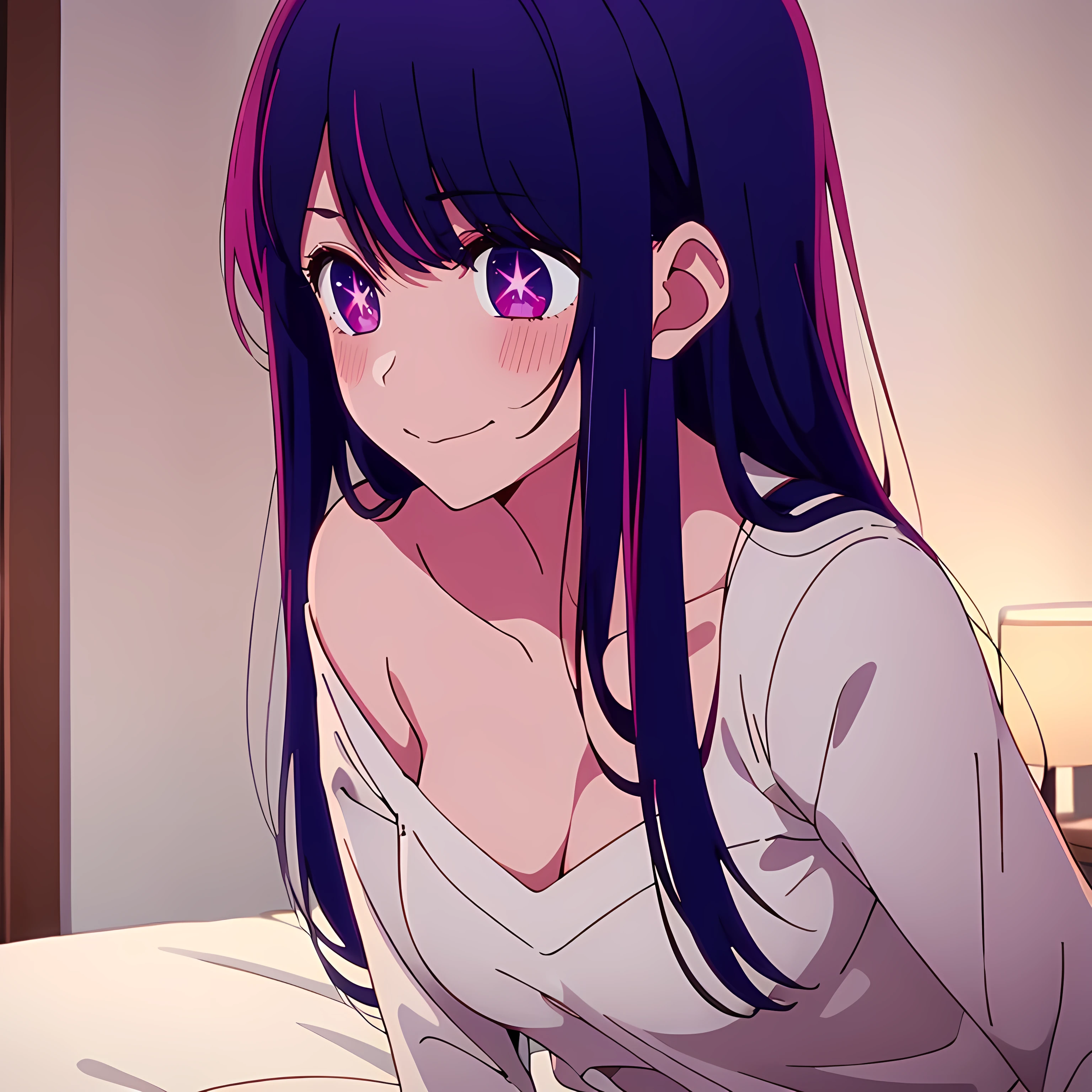 best quality,highly detailed,1girl solo,direct eye contact,soft lighting,anime, Anime girl with long hair and purple eyes, Anime Girl、A slight smile、Ai Hoshino, highres,vibrant colors,cozy atmosphere,lit lights,Cozy cabin, snow falling ,loose t shirt, cute, 1girl, solo, purple hair, close up, loose tshirt, stomach, medium breasts, rain, inside, rain on widows, light smile, cleavage, blushing, sitting on bed, rainy scenery, seductive, close up, night, stars, seductive smile