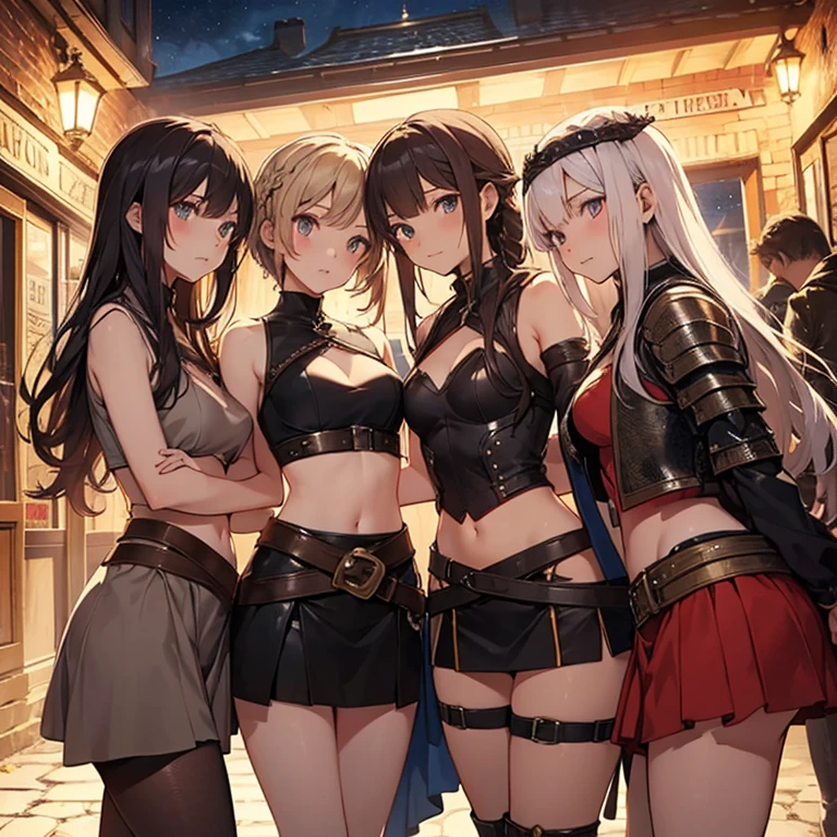 A group of female medieval fantasy adventurers, (in tavern), various hair styles, harem, night, details face, short skirt, seducing, sleeveless, armor, midriff
