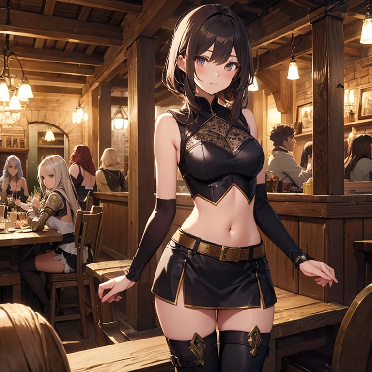 A group of female medieval fantasy adventurers, (in tavern), various hair styles, harem, night, details face, short skirt, seducing, sleeveless, armor, midriff