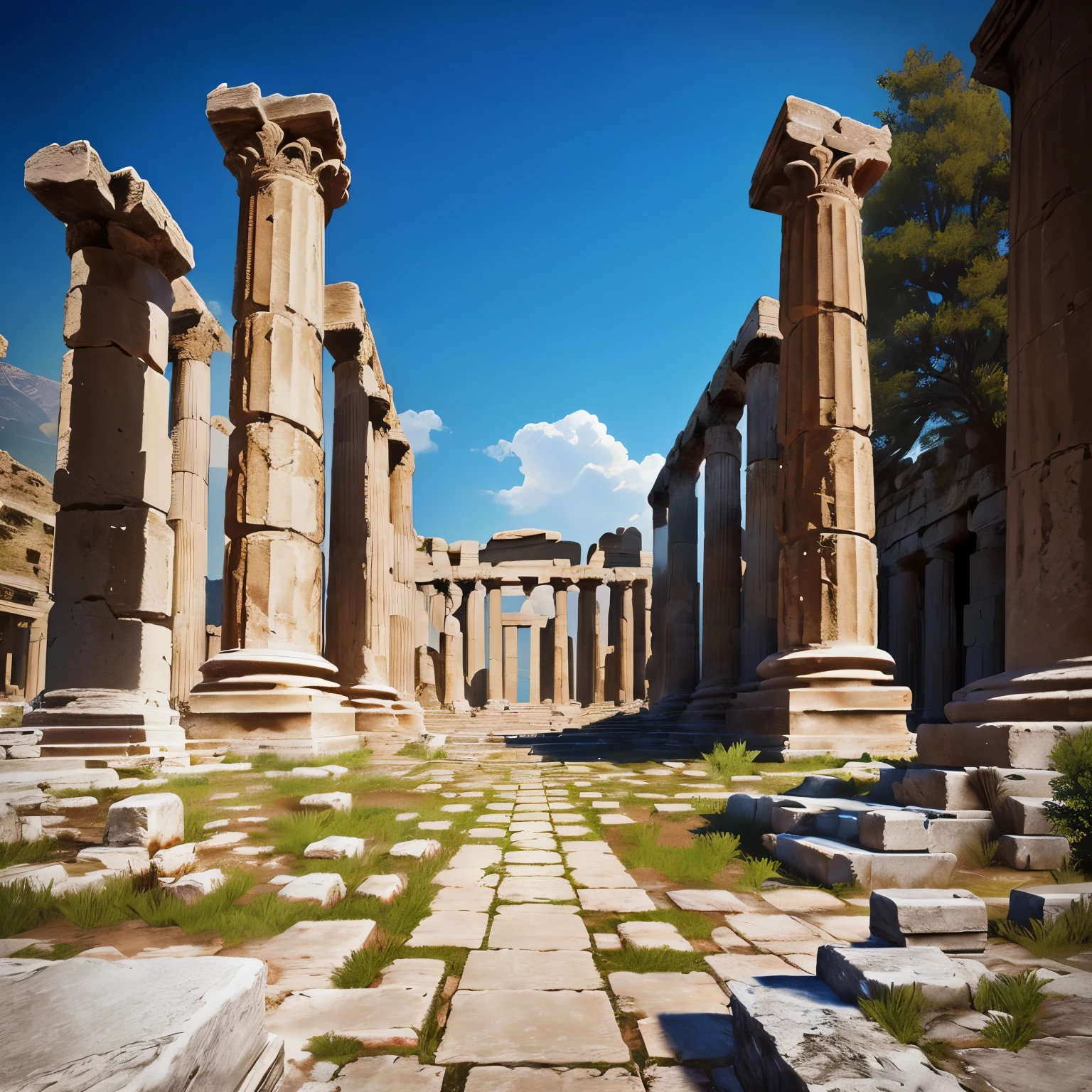 there are two columns in the middle of a stone structure, inside ancient greek ruins, greek-esque columns and ruins, ancient greek ruins, ancient greek temple ruins, huge greek columns, ancient greek temple, giant greek columns, greek temple, giant columns, ancient temple, temple ruins, ancient greek city, ancient temple ruins, many columns, archs and columns, assassins creed odyssey