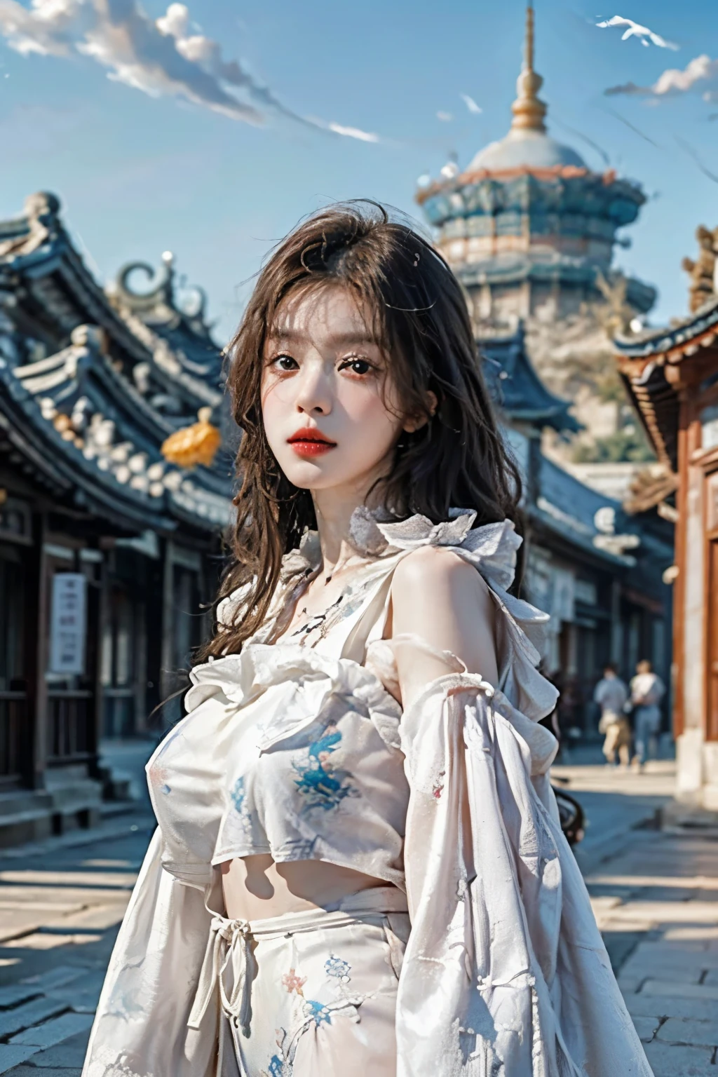 ((best quality)), ((masterpiece)), (detailed), perfect face, Masterpiece, 8K, (매우 detailed 얼굴 표현), angel girl flying in the sky, korean beauty, Detailed wing expression, Plump clouds, white clouds in the sky, temple of heaven, (Whole_body), (full body),