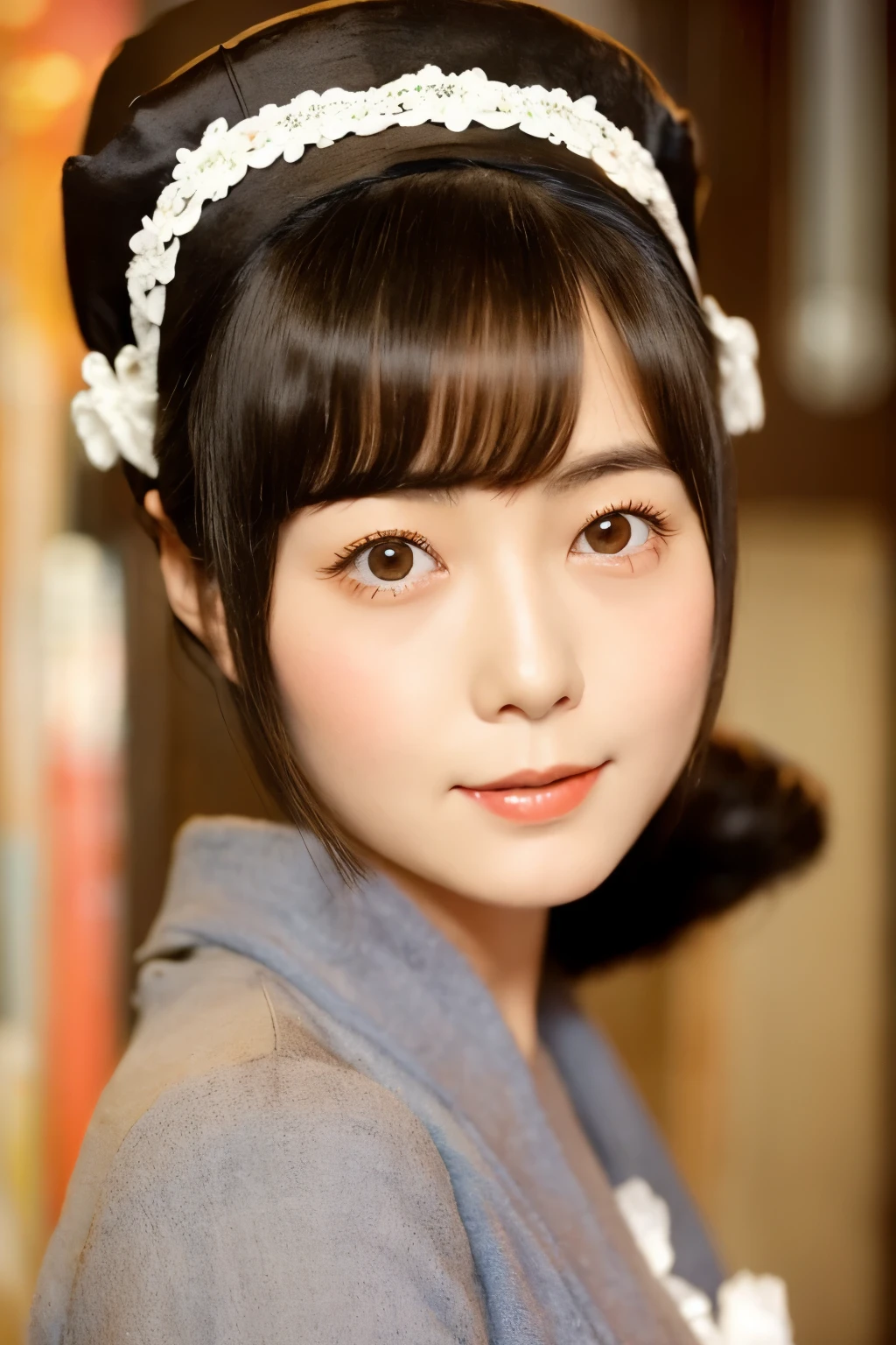 Skinny Japanese 40s woman in a costume of 1960s, cute face, detailed face, detailed eyes, a sepia-toned photo