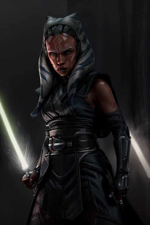 best quality,highres,(realistic,photorealistic:1.37),colorful lighting,bokeh,portrait,Ashoka Tano,detailed face,beautiful detailed eyes,beautiful detailed lips,lightsaber,aggressive stance,dark background,star wars style,sci-fi,action-packed,conflicted emotions,survivor,force-sensitive warrior,strength and determination,dynamic pose,lightsaber duel,dark side of the force,evil Sith Lord,detailed costume,dark cloak,mysterious aura,galactic conflict,dramatic atmosphere,energetic composition,vivid colors,thrilling moment,Intense battle,Ashoka vs darth Vader.