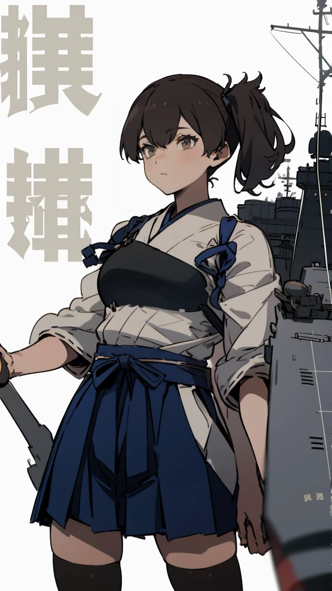 (masterpiece, highest quality) detailed, kaga (kancolle), {{kaga kai ni (kancolle)}}, side ponytail, brown eyes, black long hair, black thighhighs, short skirt, hakama skirt, japanese clothes, , blue hakama, hakama, muneate, tasuki, whole body,Chinese element pattern，thigh，Japanese bow, Holding the bow, aircraft carrier, nsfw
