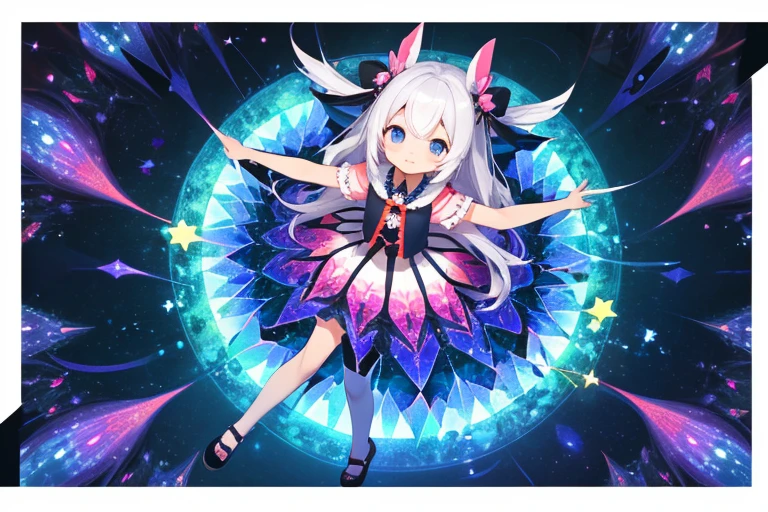 1girl, forest, cute, beauty, fantasy scene, kawaii style, (kaleidoscope effect:1.4), high angle shot, full body
