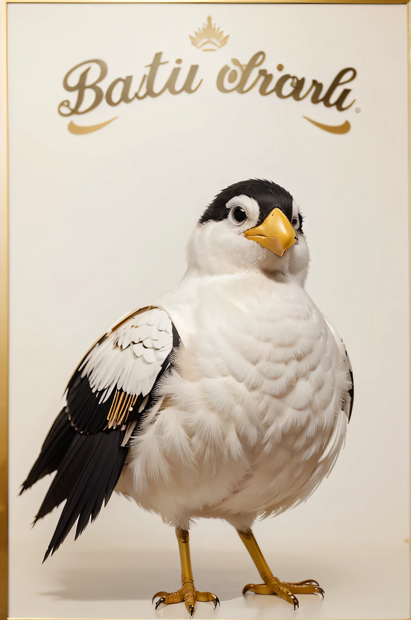 make an avatar of a smiling bird, estilo o desenho "pica    pau" just with white and gold colors make him full body make him holding a blouse without black print, nao quero que seja humano