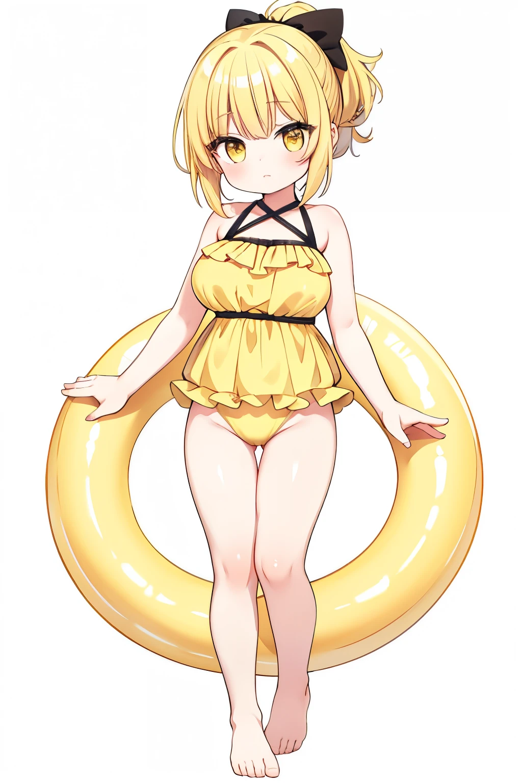 , full body, short, yellow eyes, yellow hair updo, large breasts, cute, best quality, baby face, swimsuit, standing, white background