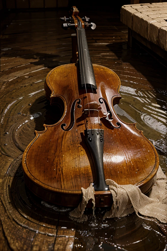Violino no meio do barro e agua.