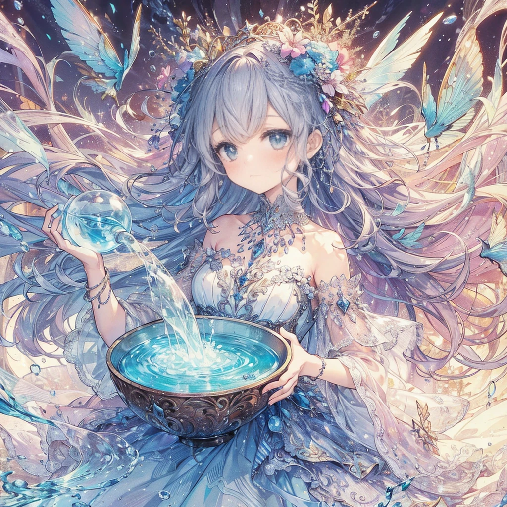 (Exquisite, beautiful, Very detailed, masterpiece, High resolution,high quality,High resolution),(Well-formed face,Soft and thin lines: 1.2, beautiful, Delicate and vivid illustrations with a mature and clear feel), A delicate and beautiful fairy princess with clear wings growing from her back is laughing happily as she manipulates water using a magical water bottle she is holding and floating in the air.,Light background with bubbles and water,From a little distance,She&#39;s wearing a tiara, earrings, necklace and bracelets.,), ((A light blue, blue and purple ball gown dress with a water motif:1.1, Balloon sleeves, Jewels, ribbons, lace and frills, Fairy wings from the back:1.5)), (Embarrassed and blushing,Long fingers,Pale pink blush, Plump pink lips,Beautiful and clear eyes,Large Bust, Fair skin, Black knee-highs,Good style),pastel colour, Fantasy,Whole body,Beautiful water flow