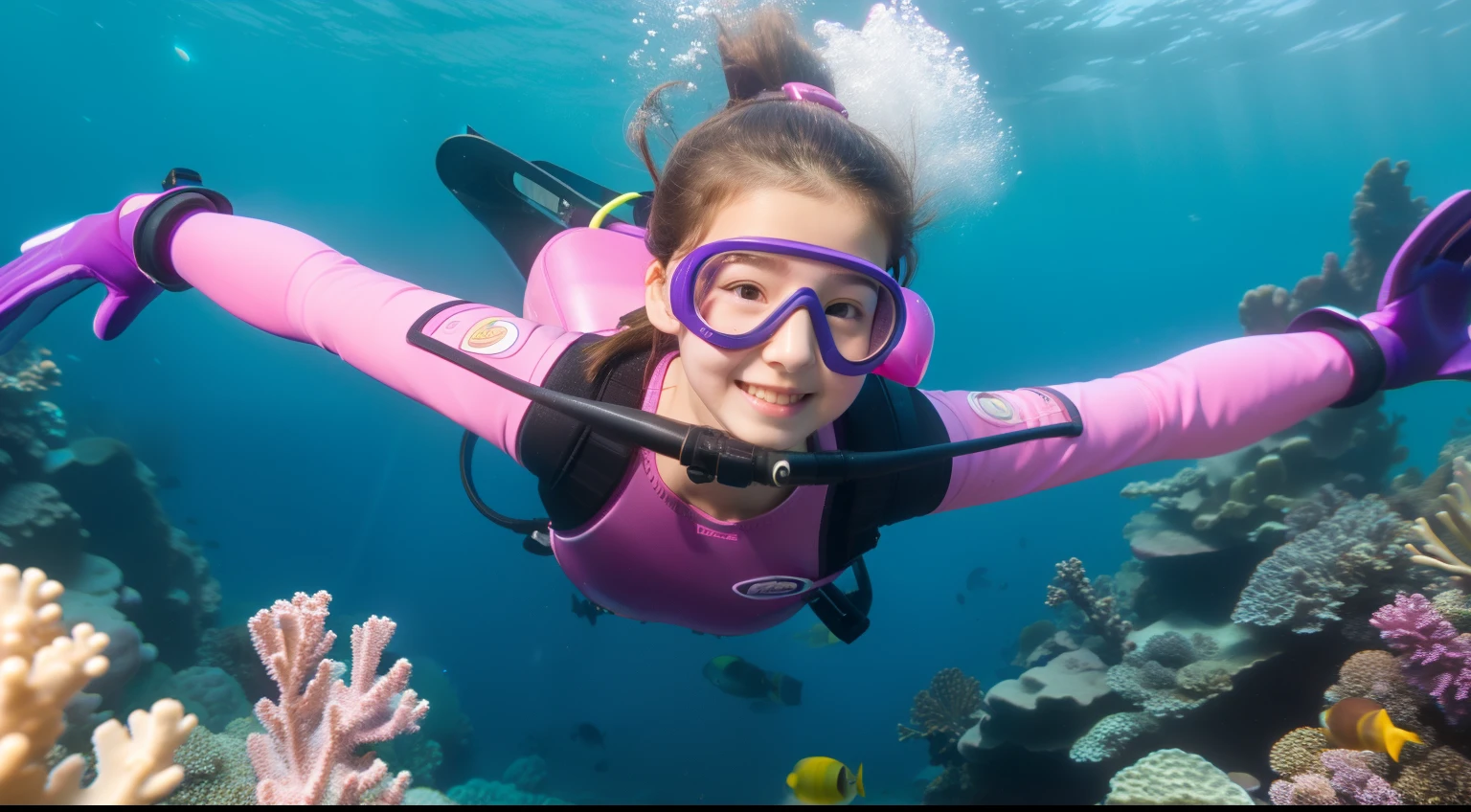 "High quality, masterpiece, 16-year-old , happy, brown hair, high ponytail, curvy figure, purple rubber diving suit, diving goggles, pink diving gloves, pink diving shoes, swimming towards the camera, underwater, coral reef, fish."