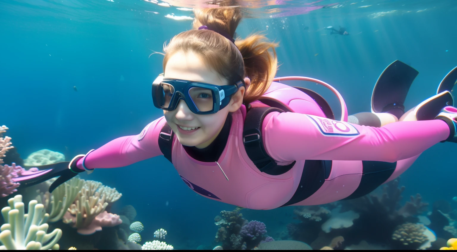 "High quality, masterpiece, 16-year-old , happy, brown hair, high ponytail, curvy figure, purple rubber diving suit, diving goggles, pink diving gloves, pink diving shoes, swimming towards the camera, underwater, coral reef, fish."