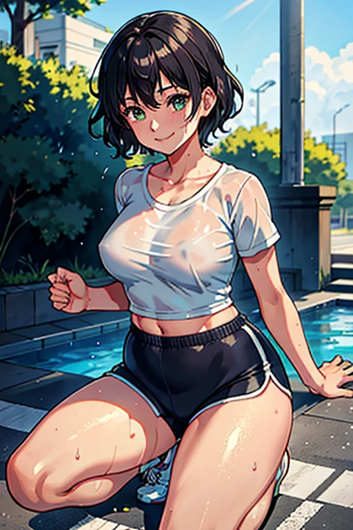 Beautiful Wife、Running、T-Shirts、Tight fitting shorts、Sweating、sneakerasterpiece、Plump Japanese、Photogenic reality、4K resolution、Wet and glowing body、short hair、naughty body、smile、Wet wavy hair、