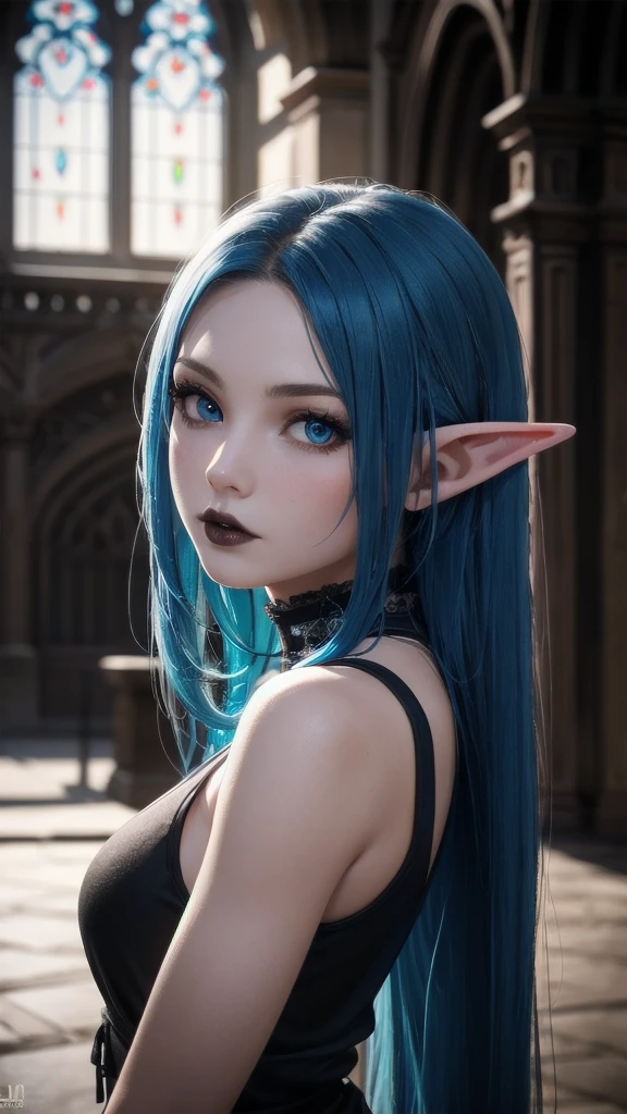 RAW, professional photograph, medium shot, photorealistic, hyper-realistic, ray tracing, super detail, UHD, 8k, female elf, twenty years old, athletic body, soft facial features, long hair, straight hair, blue hair, blue eyes, gothic style, gothic clothing, dark Castle, gothic architecture,