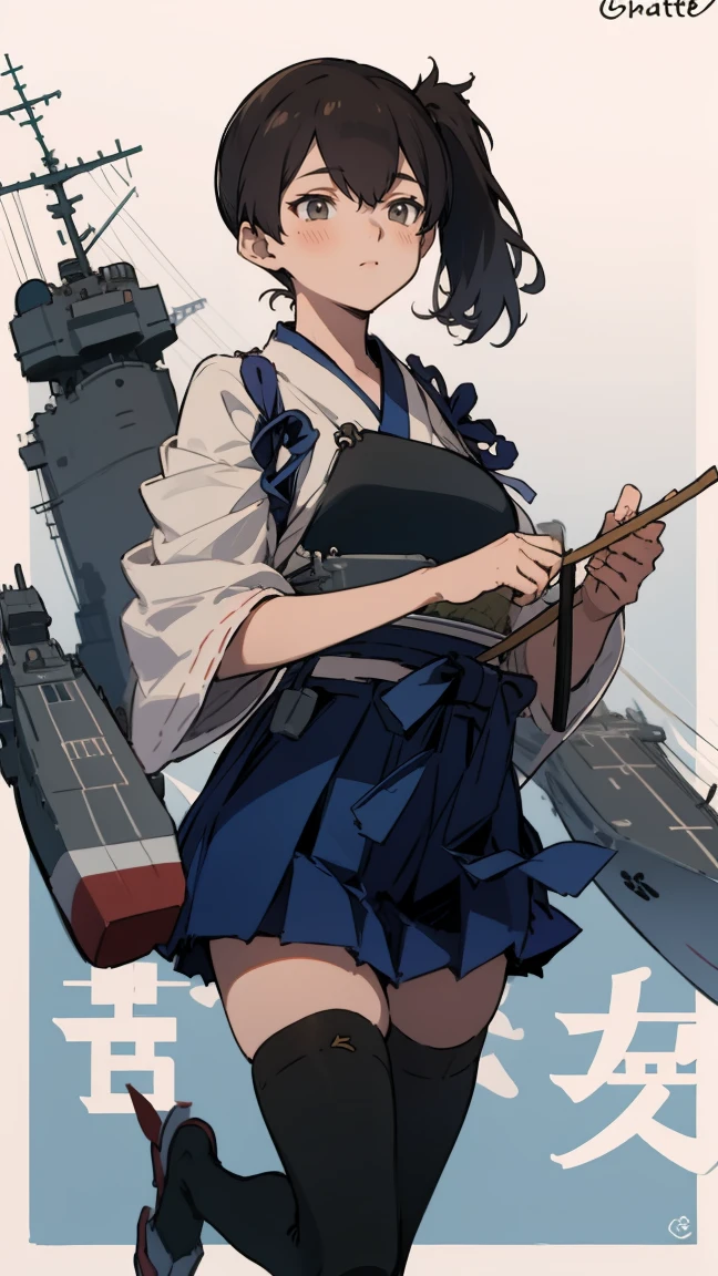 (masterpiece, highest quality) detailed, kaga (kancolle), {{kaga kai ni (kancolle)}}, side ponytail, brown eyes, black long hair, black thighhighs, short skirt, hakama skirt, japanese clothes, , blue hakama, hakama, muneate, tasuki, whole body,Chinese element pattern，thigh，Japanese bow, Holding the bow, aircraft carrier, nsfw