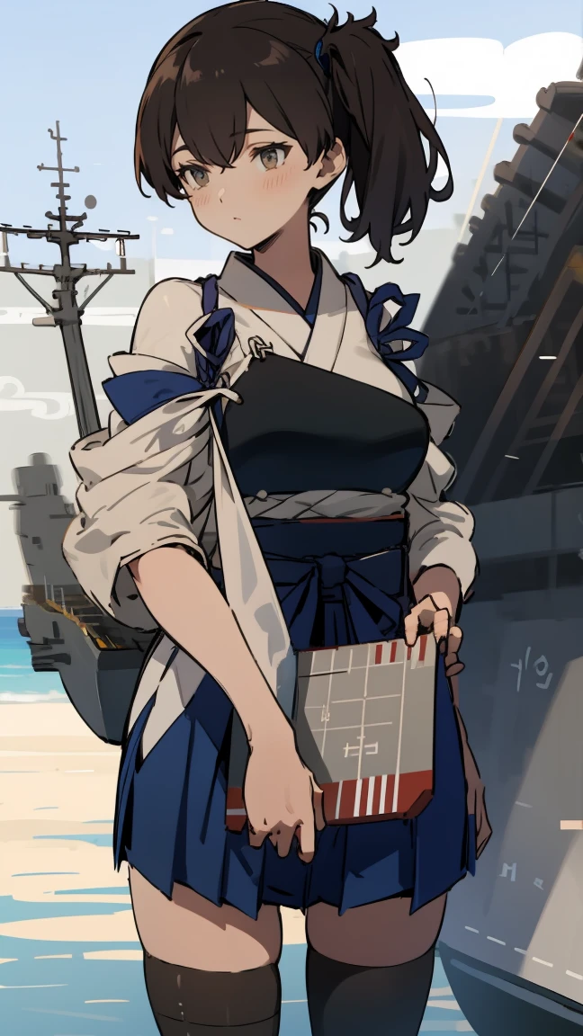 (masterpiece, highest quality) detailed, kaga (kancolle), {{kaga kai ni (kancolle)}}, side ponytail, brown eyes, black long hair, black thighhighs, short skirt, hakama skirt, japanese clothes, , blue hakama, hakama, muneate, tasuki, whole body,Chinese element pattern,thigh,Japanese bow, Holding the bow, aircraft carrier, nsfw