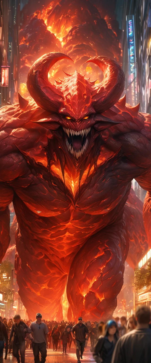 (a gigantic lava demon),highly-detailed,lurking over a city,people running,hyper-detailed,hyper-realistic, masterpiece:1.2, highres, ultra-detailed, realistic:1.37, HDR, UHD, professional, vivid colors, bokeh, oil painting, dark fantasy, vibrant color palette, dramatic lighting