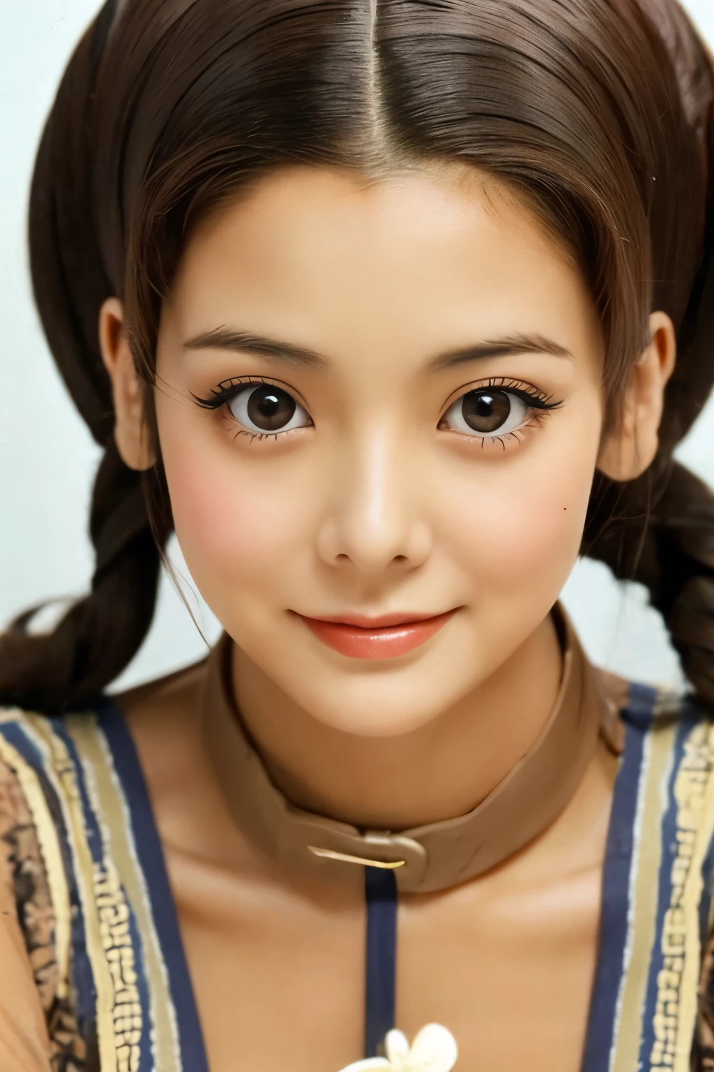 Skinny Japanese 40s woman in a costume of 1960s, cute face, detailed face, detailed eyes, a sepia-toned photo