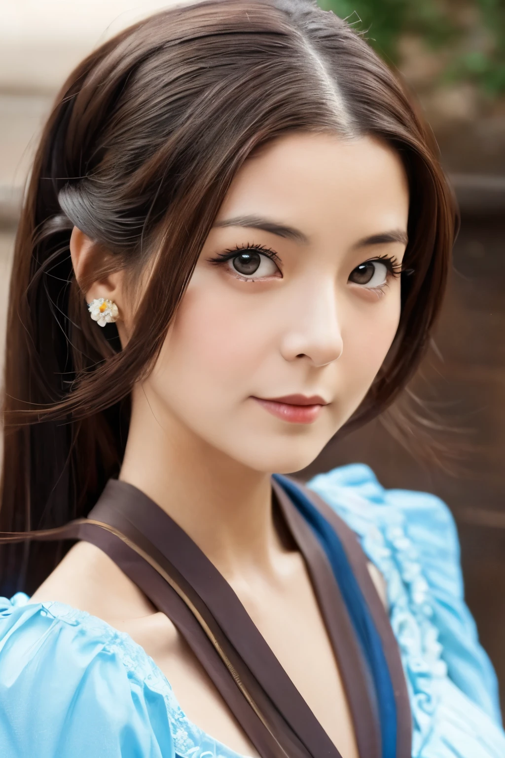 Skinny Japanese 40s woman in a costume of 1960s, cute face, detailed face, detailed eyes, a sepia-toned photo