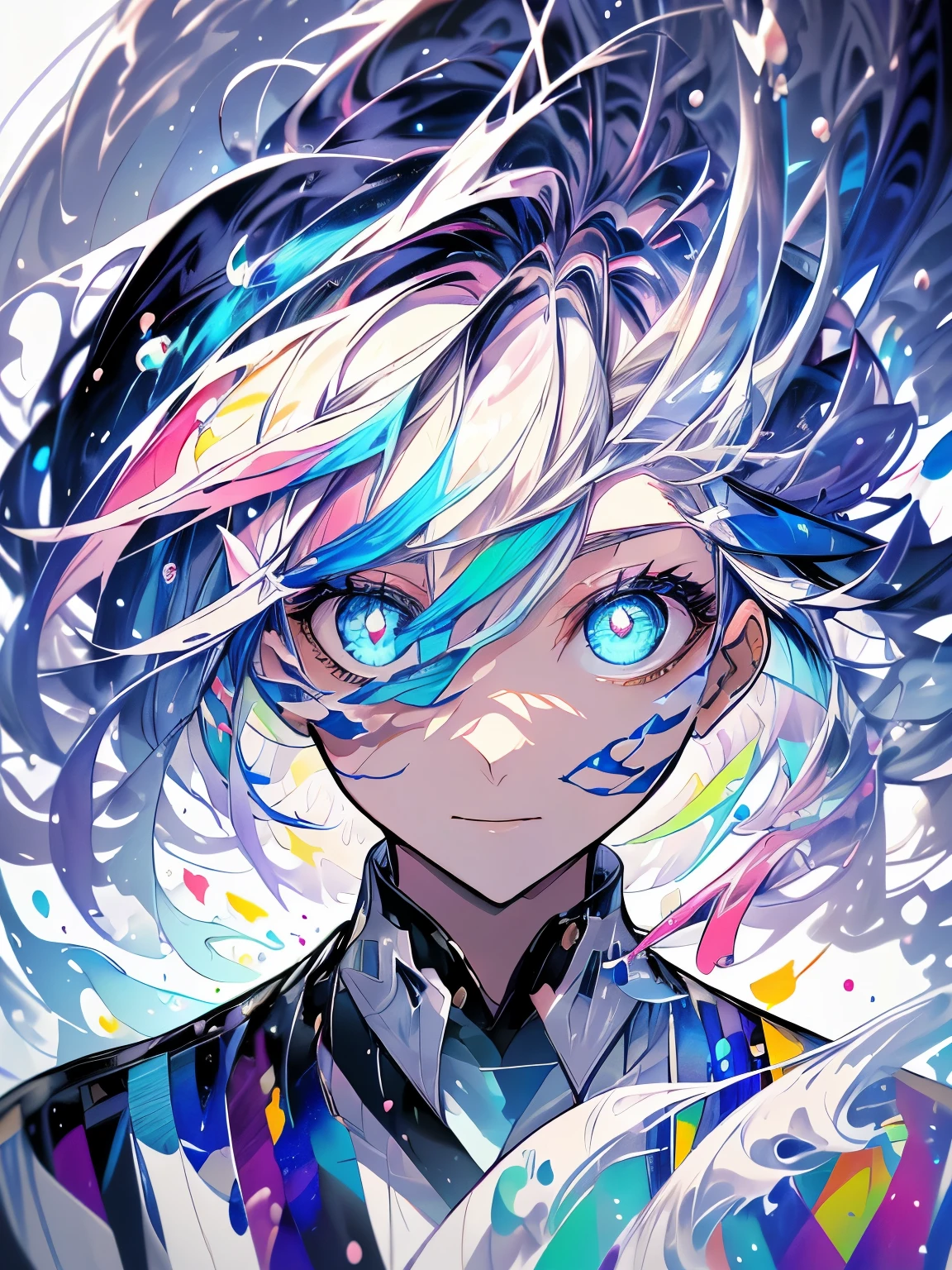 ((((masterpiece))), ((highest quality))), ((Very detailed)), (figure), (Dynamic Angle), ((floating)), (paint), ((Hair loss)), (alone), (One girl), (Detailed anima face))), ((Beautifully detailed face)), ((Hair Color)), ((Striped Hair)), (Gradient Eye), (((Colored eyes))), (White Cloud background))), (((High saturation)))),((Surrounded by colorful splashes)))) Very detailedな, beautifully、aesthetic, masterpiece, highest quality, The most beautiful chaotic shapes, elegant, Fauvist design, Bright colors, Romanticism, Michael Mraz, Adrian Ghenie, Petra Cortright, atmosphere, Ecstatic notes, Streaming notes are visible,