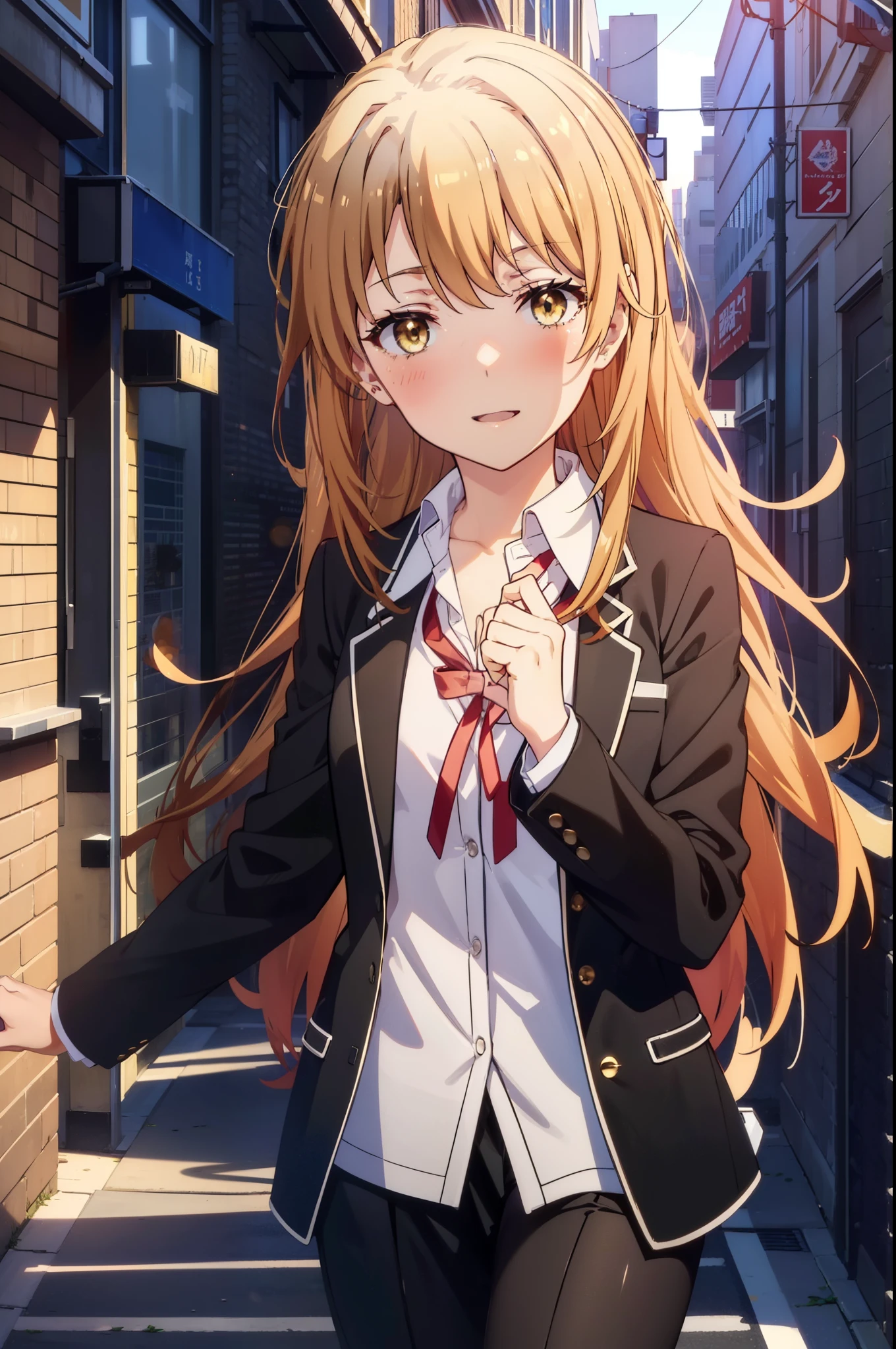 irohaisshiki, Iroha Isshiki, Long Hair, Brown Hair, (Brown eyes:1.5), ,Hair between the eyes, smile,blush,happy smile, smile, Open your mouth,OL, Akagi glasses, Black suit jacket, Collared jacket, White dress shirt, Collared shirt, Neckline, button, Black pencil skirt, Black pantyhose,Stiletto heels,morning,morning陽,The sun is rising,Walking,whole bodyがイラストに入るように,
break outdoors, In town,Building district,crowd, people々々,
break looking at viewer, whole body,
break (masterpiece:1.2), highest quality, High resolution, unity 8k wallpaper, (shape:0.8), (Beautiful details:1.6), Highly detailed face, Perfect lighting, Extremely detailed CG, (Perfect hands, Perfect Anatomy),