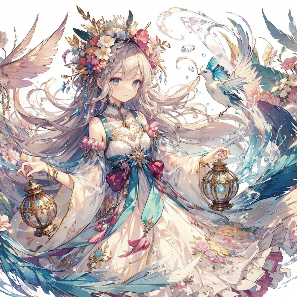 (Exquisite, beautiful, Very detailed, masterpiece, High resolution,high quality,High resolution),(Well-formed face,Soft and thin lines: 1.2, beautiful, Delicate and vivid illustrations with a mature and clear feel), A delicate and beautiful fairy princess with clear wings growing from her back is laughing happily as she manipulates water using a magical water bottle she is holding and floating in the air.,Light background with bubbles and water,From a little distance,She's wearing a tiara, earrings, necklace and bracelets.,), ((A light blue, blue and purple ball gown dress with a water motif:1.1, Balloon sleeves, Jewels, ribbons, lace and frills, Fairy wings from the back:1.5)), (Embarrassed and blushing,Long fingers,Pale pink blush, Plump pink lips,Beautiful and clear eyes,Large Bust, Fair skin, Black knee-highs,Good style),pastel colour, Fantasy,Whole body,Beautiful water flow