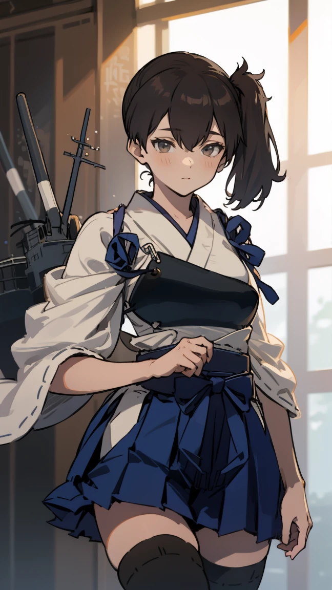 (masterpiece, highest quality) detailed, kaga (kancolle), {{kaga kai ni (kancolle)}}, side ponytail, brown eyes, black long hair, black thighhighs, short skirt, hakama skirt, japanese clothes, , blue hakama, hakama, muneate, tasuki, whole body,Chinese element pattern,thigh,Japanese bow, bow, nsfw