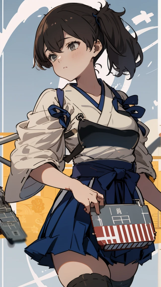 (masterpiece, highest quality) detailed, kaga (kancolle), {{kaga kai ni (kancolle)}}, side ponytail, brown eyes, black long hair, black thighhighs, short skirt, hakama skirt, japanese clothes, , blue hakama, hakama, muneate, tasuki, whole body,Chinese element pattern，thigh，Japanese bow, bow, nsfw