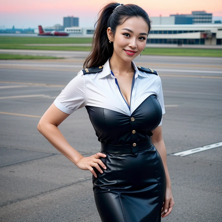 (Thai woman),(highponytail),(forehead),　(Stewardess Uniform:1.5),(short skirt),((enormous breasts:1.6)),((slim waist:1.3)),(smile:1.5),(aircraft runway in the background:1.5), (cowboy shot:1.4),8k, UHD,
