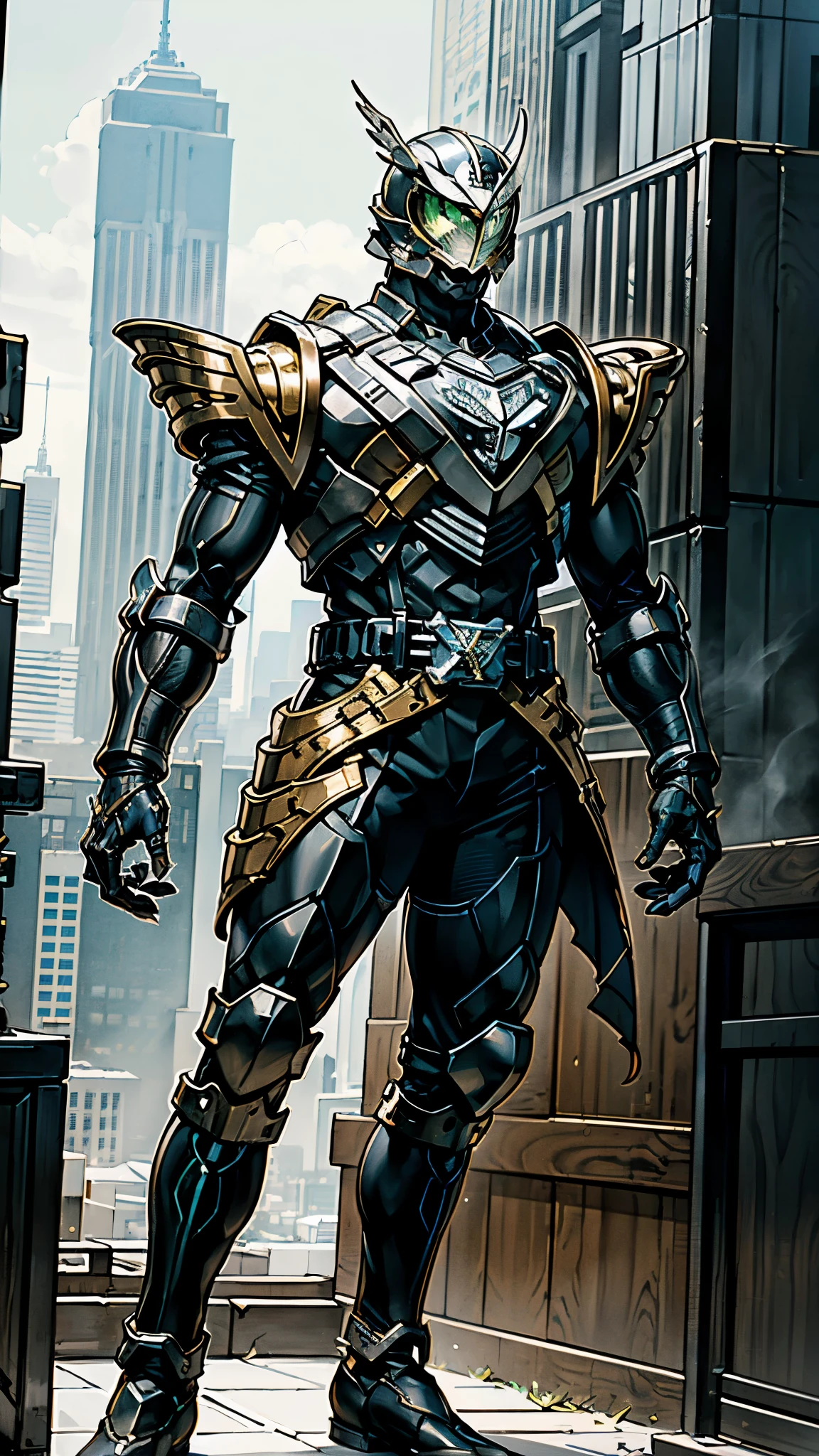 A man wearing a full-face helmet, a fantasy-style biomecha armored combat suit, green eyes, a composite layered chest armor, fully enclosed shoulder guards, matching arm and leg guards, the belt is adorned with dragon claw grasping orbs, primarily black with red accents, the design balances heavy with agility, a high-tech biological armor, concept inspired by dragons, stands on the skyscraper of a futuristic high-tech city, this character embodies a finely crafted fantasy-surreal style armored hero in anime style, exquisite and mature manga art style, ((male:1.5)), metallic, real texture material, dramatic, high definition, best quality, highres, ultra-detailed, ultra-fine painting, extremely delicate, professional, perfect body proportions, golden ratio, anatomically correct, symmetrical face, extremely detailed eyes and face, high quality eyes, creativity, RAW photo, UHD, 32k, Natural light, cinematic lighting, masterpiece-anatomy-perfect, masterpiece:1.5