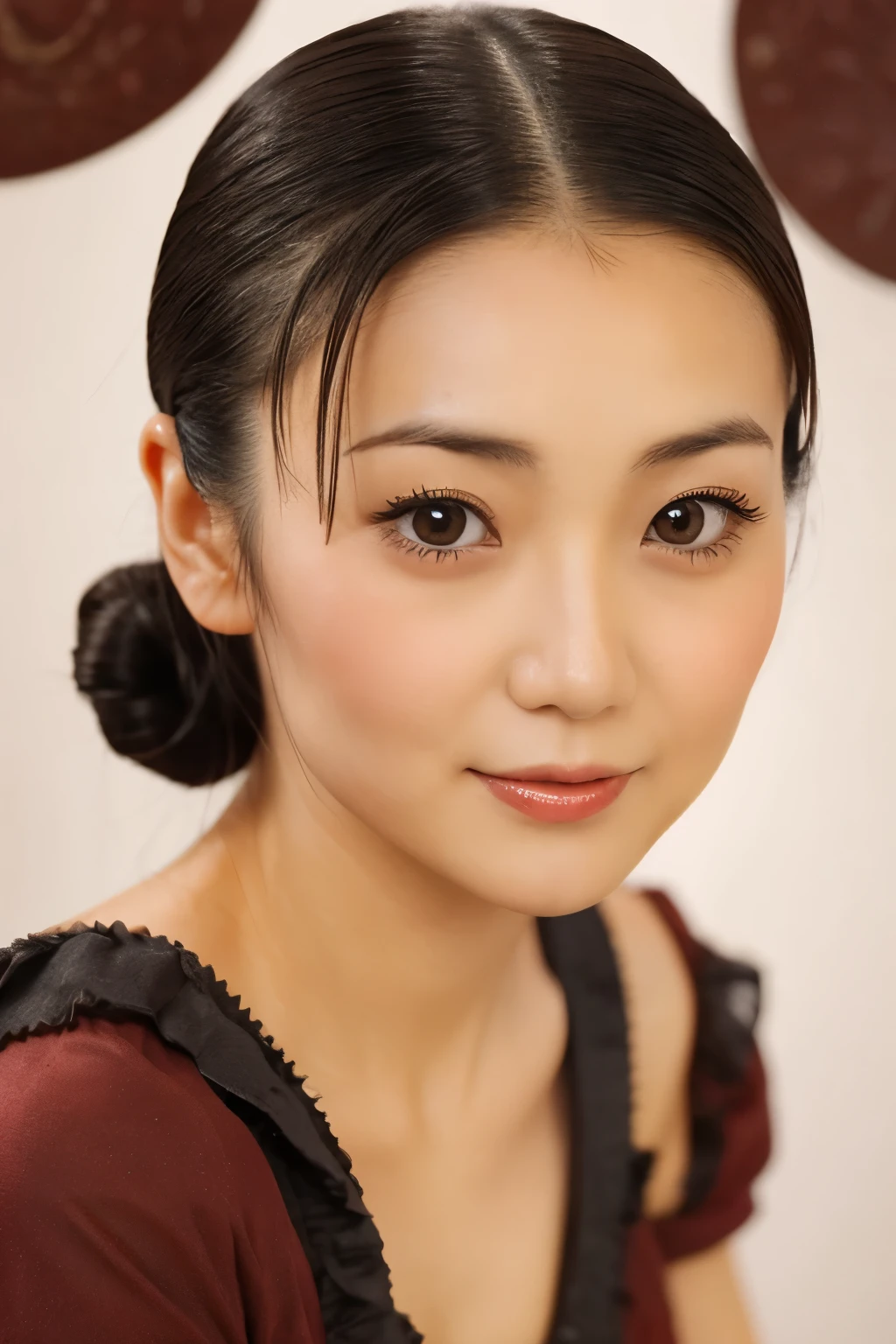 Skinny Japanese 40s woman in a costume of 1960s, cute face, detailed face, detailed eyes, a sepia-toned photo