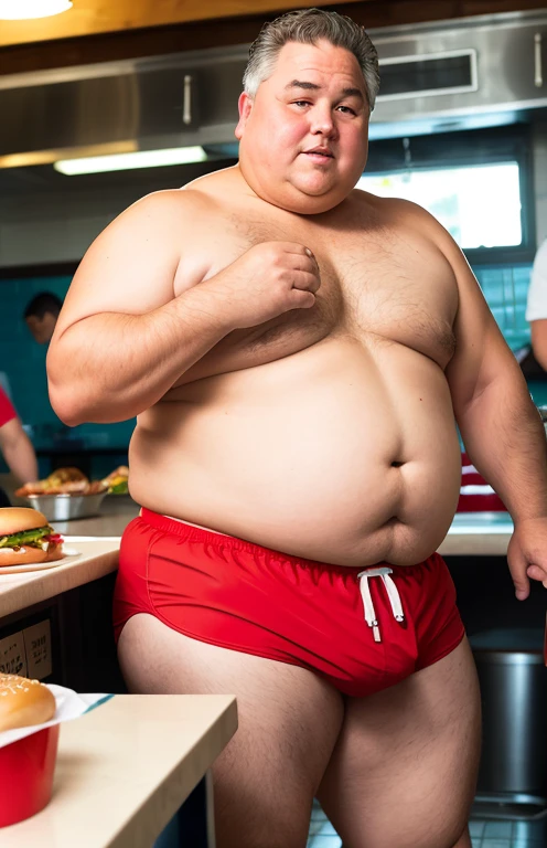 Only plump, chubby, extremely thick thighs, large belly, wearing only red swim trunks, Elderly old man 65 years old working inside cafeteria preparing burgers, serving burger to customer.