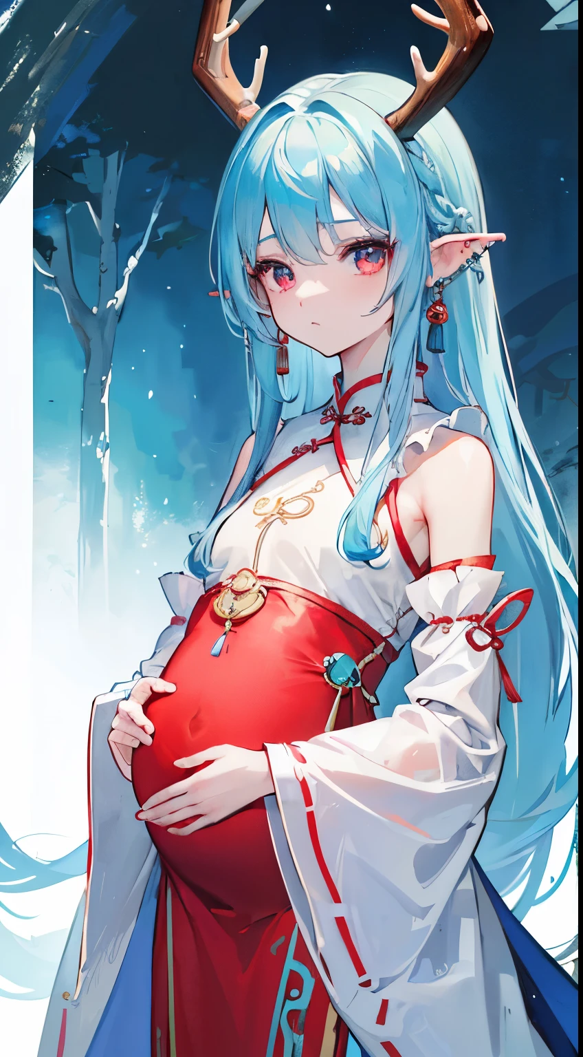 (8K、Top image quality、top-quality、masterpiece)、A detailed face、1 in、lightblue hair、Long、red eyes、Pointed ears、piercings、tusk、deer antlers、Smaller chest、((light blue chinese clothes))、side slits、((long-sleeve))、((Hands hidden in the sleeves))、cowboy shot、((forested background)), pregnant