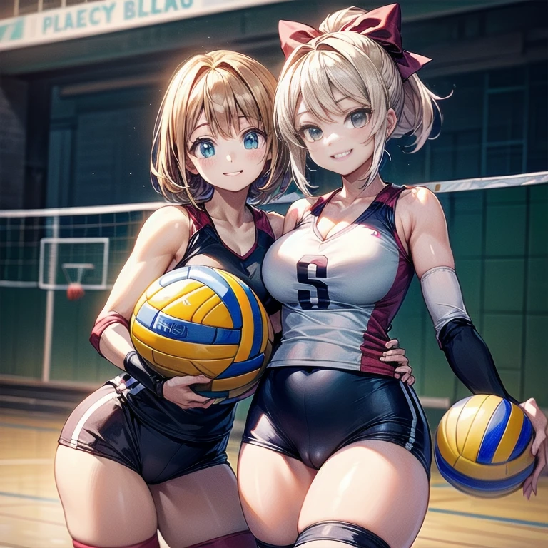 unity 8k wallpaper, Anatomically correct, (((masterpiece))), (((highest quality))), (((Super detailed))), (((High resolution))), ((Ultra-fine illustrations)), ((The ultimate cuteness)), Beautiful face in every detail, Shiny Hair, 18-year-old, ((Potbelly)), (Curvy), Medium chest, ((Thick thighs)), Sleeveless volleyball uniform, ((Bloomers)), ((Knee pads)), (Elbow pads), ((Hold volleyball)), ((Hold a 6 inch volleyball)), Cowboy Shot, Volleyball court, In the school gym, 
BREOneK, (lily), Two Girls_One_and_B, One girl_have_{{Blonde ponytail}}_{Hair Bow}_{{Happy}}_{smile}, 
BREOneK, B-Girl_have_{Black short hair}_ {Hair Bow}_{{{Grin}}}、Camel Toe、Giant tit、Nipple Puffs、Cleavage、Plump、Super big breasts、Super big butt、Temptation、lure