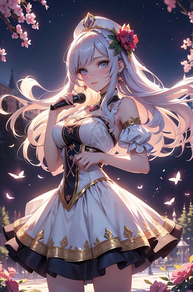 (best quality,4k,8k,highres,masterpiece:1.2),ultra-detailed,(realistic,photorealistic,photo-realistic:1.37),acrylic painting,beautiful Russian model in a Lolita dress with downy hair,beautiful Russian model with extremely colorful hair and detailed facial features,beautiful Russian model standing in a beautiful garden surrounded by a starry sky,beautiful Russian model wearing a vibrant Lolita dress,beautiful Russian model with intricate accessories and a matching hat,beautiful Russian model posing gracefully with her hands on her hips,beautiful Russian model with long flowing twintails,beautiful Russian model with bright blue eyes and rosy lips,beautiful Russian model with a joyful expression,beautiful Russian model in a dynamic pose with cherry blossoms falling around her,beautiful Russian model surrounded by colorful flowers and butterflies,beautiful Russian model's dress adorned with cute bows and lace details,beautiful Russian model with an enchanting smile,beautiful Russian model with soft, pastel-colored shading,beautiful Russian model with a magical glow illuminating her,beautiful Russian model in a picturesque setting with a winding path leading to a magnificent castle,beautiful Russian model holding a microphone and singing passionately,beautiful Russian model with a fairytale-like background,beautiful Russian model with a soft, dreamy atmosphere,beautiful Russian model with a subtle bokeh effect,beautiful Russian model standing under a moonlit sky,beautiful Russian model with a warm, golden sunset in the background,beautiful Russian model surrounded by twinkling stars and colorful nebulae,creating an ethereal and captivating artistic masterpiece.