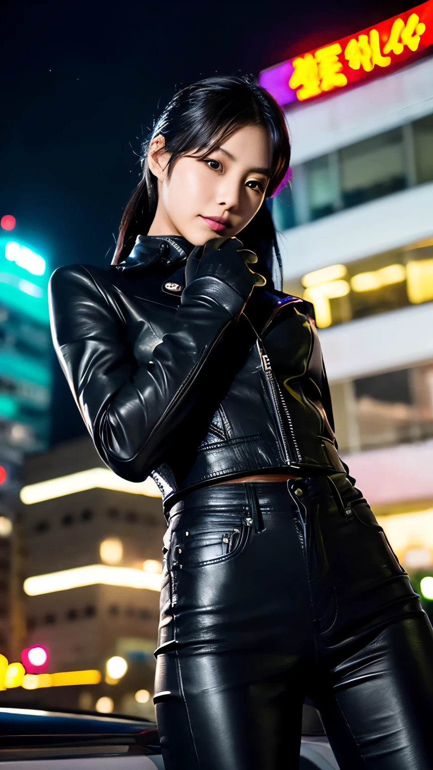 black leather rider jacket, Office in the Dark, Black leather gloved fingertips on both hands,Wearing black leather gloves,Sitting in a black leather chair、 Japanese female new recruits (Black leather gloves cover both hands) (The angle is horizontal)、Black Leather Pants,Black Leather Black Leather Pants,Black Leather Skinny Pants、Long black leather boots on both feet、Black hair ponytail ((He wears black leather gloves on his hands))Full Body Photo,full body shot full body full body leather suit,☺If you turn in this direction。Wearing black leather gloves,Wearing black leather gloves,Wearing black leather gloves,Wearing black leather gloves,Wearing black leather gloves,Wearing black leather gloves,黒のレザーパンツが美しい😍黒のレザーパンツが美しい😍黒のレザーパンツが美しい,😍Smiling while looking at me,City lights、((Neon Cyberpunk City Street:1.3))、(Neon Light)、Detailed lighting、
Best image quality、Ultra-high resolution、(realism:1.4)、Korean Beauty Star、The most beautiful KPOP stars、face、Horny Korean Makeup、A body that makes you want to touch it、Realistic leather texture、Costume made of smooth leather fabric、The drape of the curved parts of the leather fabric、The costume is very shiny、Quality of the costume、8K Photo Quality