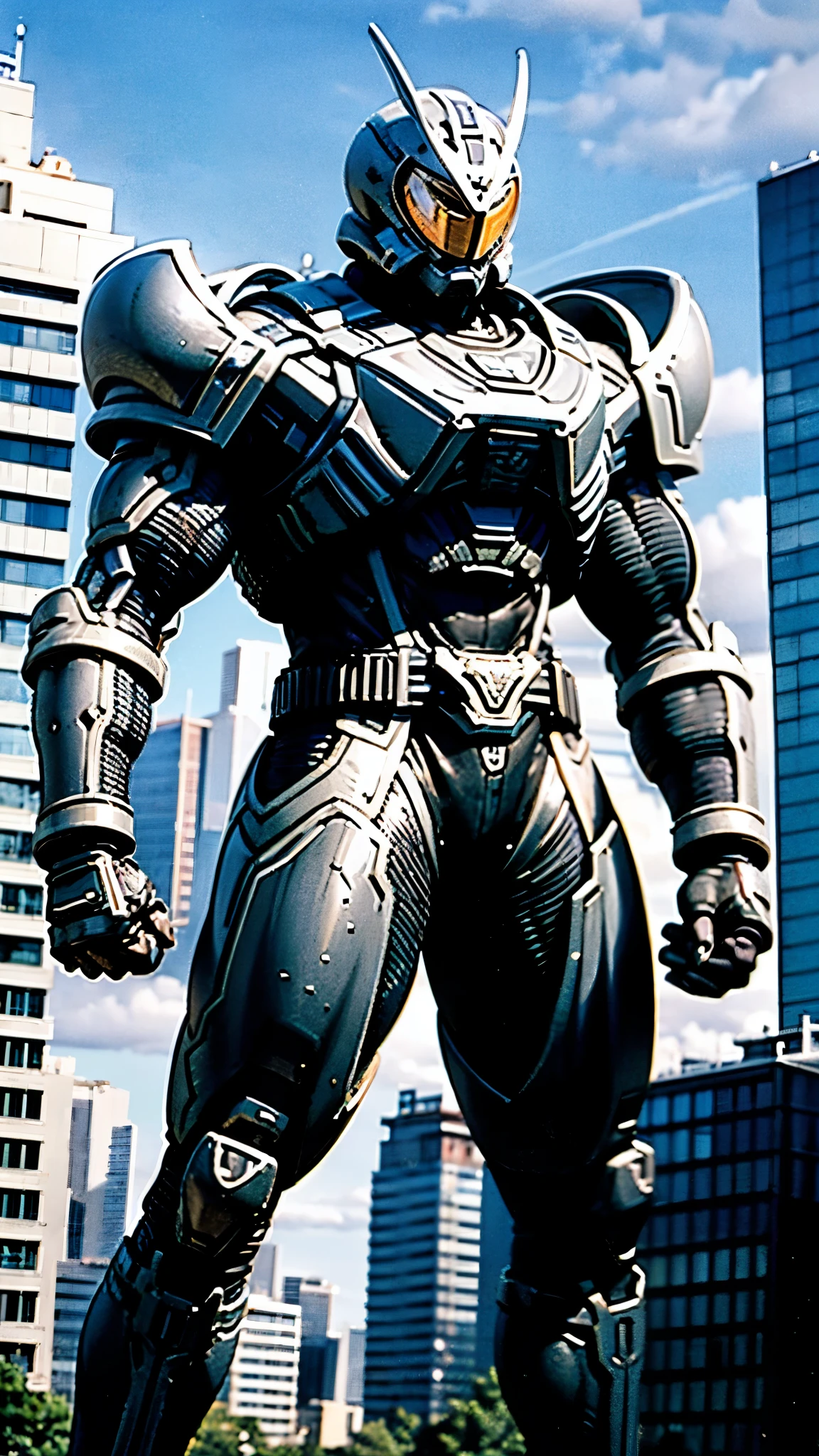 A man wearing a full-face helmet, a fantasy-style biomecha armored combat suit, green eyes, a composite layered chest armor, fully enclosed shoulder guards, matching arm and leg guards, the belt is adorned with dragon claw grasping orbs, primarily black with red accents, the design balances heavy with agility, a high-tech biological armor, concept inspired by dragons, stands on the skyscraper of a futuristic high-tech city, this character embodies a finely crafted fantasy-surreal style armored hero in anime style, exquisite and mature manga art style, ((male:1.5)), metallic, real texture material, dramatic, high definition, best quality, highres, ultra-detailed, ultra-fine painting, extremely delicate, professional, perfect body proportions, golden ratio, anatomically correct, symmetrical face, extremely detailed eyes and face, high quality eyes, creativity, RAW photo, UHD, 32k, Natural light, cinematic lighting, masterpiece-anatomy-perfect, masterpiece:1.5