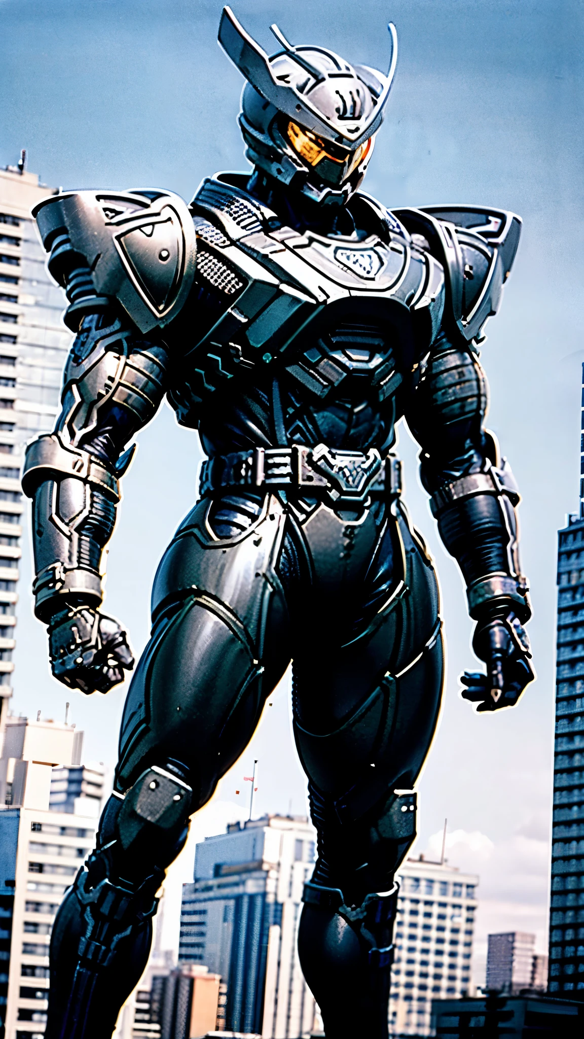 A man wearing a full-face helmet, a fantasy-style biomecha armored combat suit, green eyes, a composite layered chest armor, fully enclosed shoulder guards, matching arm and leg guards, the belt is adorned with dragon claw grasping orbs, primarily black with red accents, the design balances heavy with agility, a high-tech biological armor, concept inspired by dragons, stands on the skyscraper of a futuristic high-tech city, this character embodies a finely crafted fantasy-surreal style armored hero in anime style, exquisite and mature manga art style, ((male:1.5)), metallic, real texture material, dramatic, high definition, best quality, highres, ultra-detailed, ultra-fine painting, extremely delicate, professional, perfect body proportions, golden ratio, anatomically correct, symmetrical face, extremely detailed eyes and face, high quality eyes, creativity, RAW photo, UHD, 32k, Natural light, cinematic lighting, masterpiece-anatomy-perfect, masterpiece:1.5