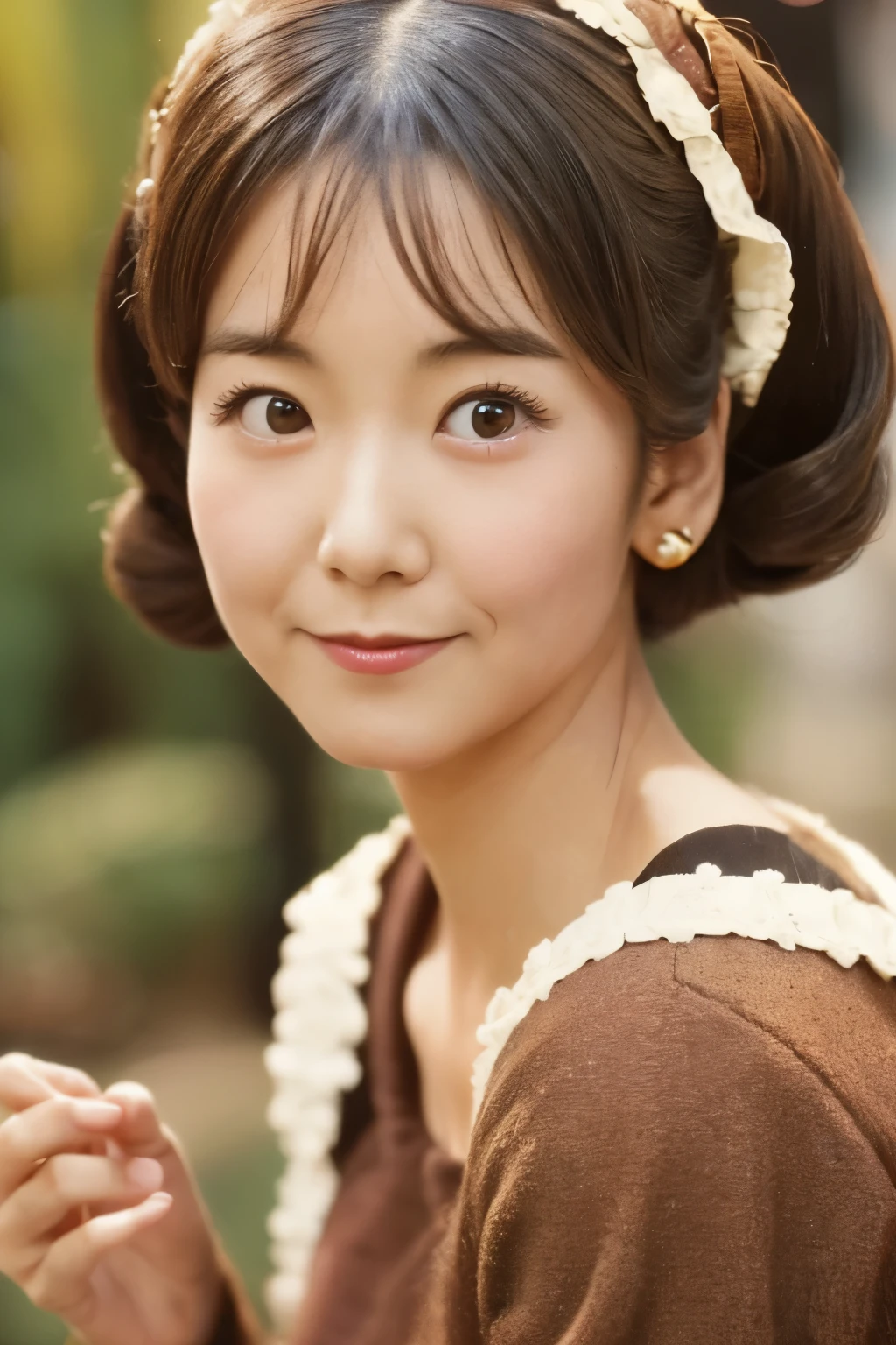 Skinny Japanese 40s woman in a costume of 1960s, cute face, detailed face, detailed eyes, a sepia-toned photo